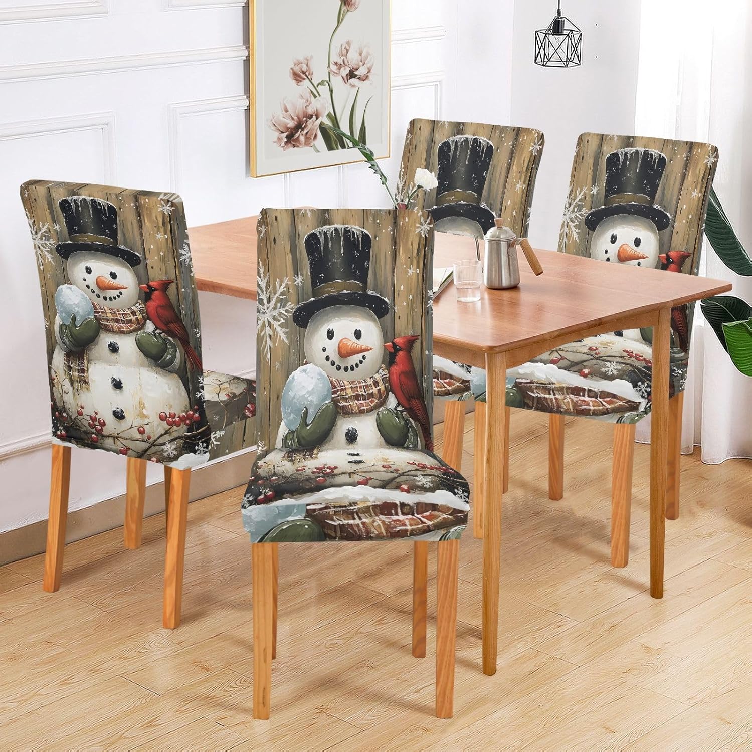 ALAZA Chair Covers for Dining Room, Snowman Cardinal Wood Stretch Chair Cover Sets Chair Protector Removable Washable for Ktichen Restaurant Hotel