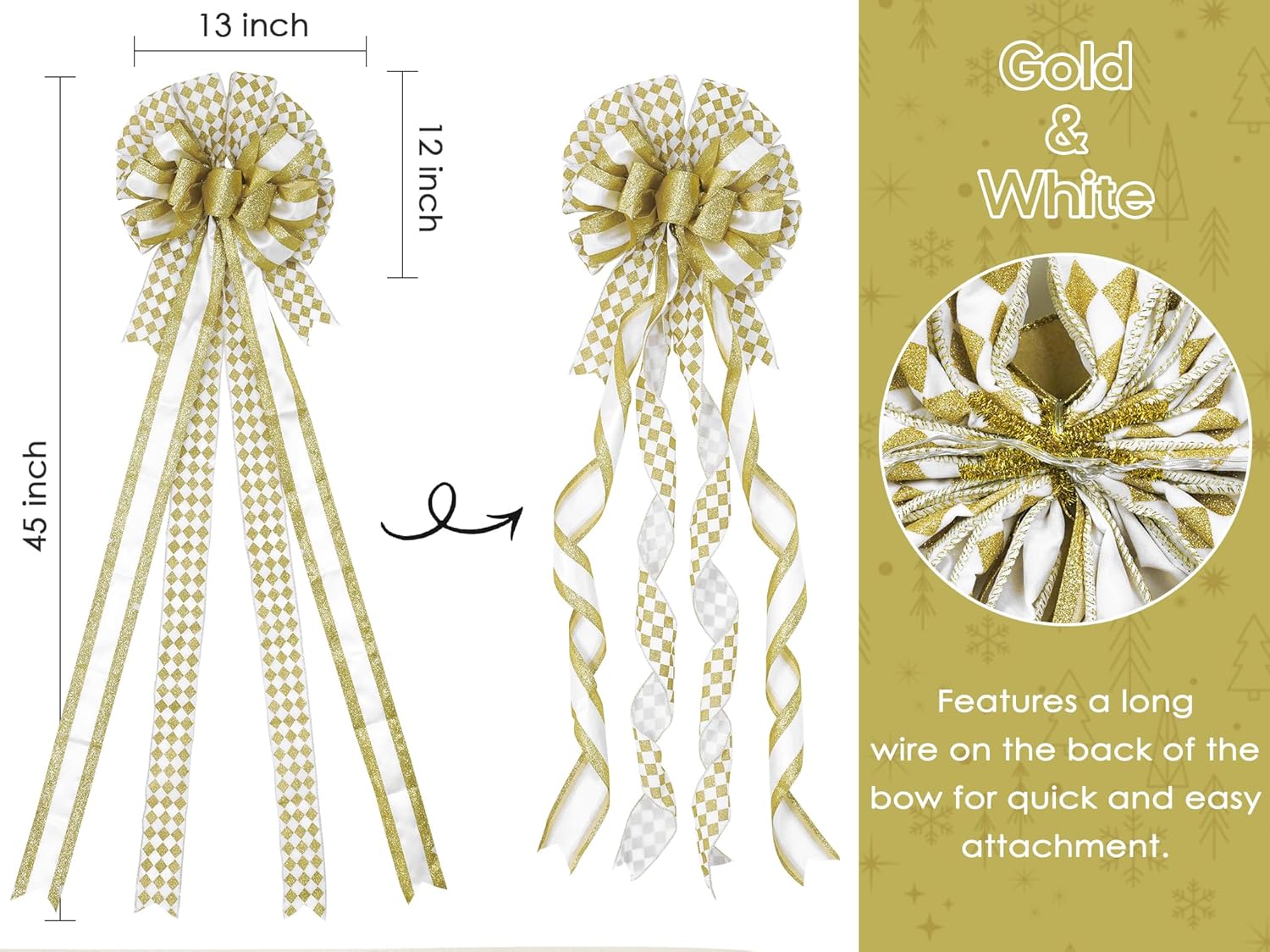 HUIHUANG Gold Christmas Tree Topper Bow 13 inch x 45 inch Gold and White Large Christmas Bows Diamond Velvet Bows for Christmas Tree Ornament, Wreaths, Staircase, Mantel, Home Decor - Image 2