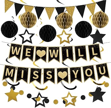 Roetyce Farewell Party Decorations, Black Gold We Will Miss You Banner Hanging Swirls Kit, Going Away/Leaving/Retirement Party Decorations for Men Women, Coworker Friends Goodbye Party Supplies