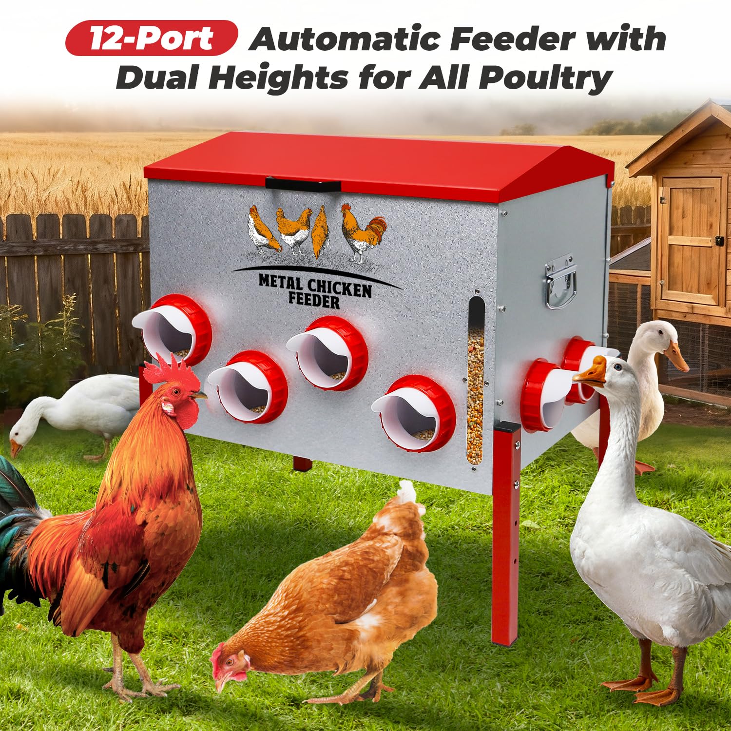 Comedero automático para pollos de 100 libras, gran capacidad, 12 puertos antiresiduos, comedero de metal para aves de corral con soporte de altura ajustable, caja de alimentación impermeable a prueba