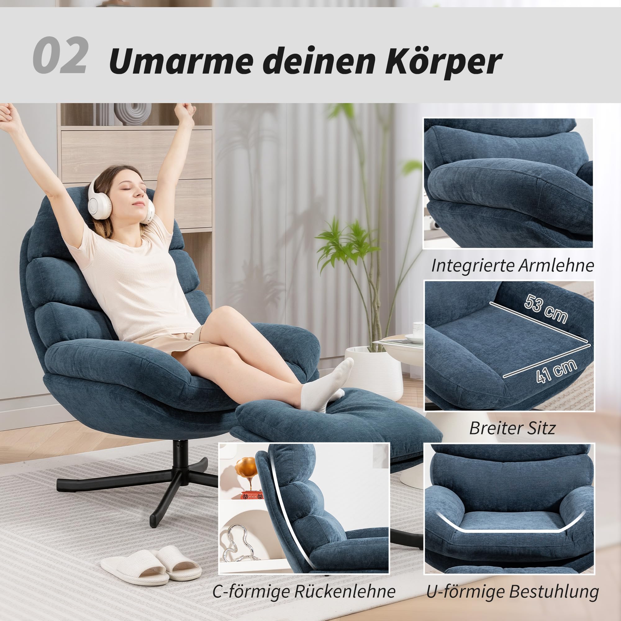 HOMCOM Relaxsessel mit Hocker Sessel Loungesessel mit Chenille-Optik breiter Sitzfläche Drehbar Polstersessel Armlehnensessel für Wohnzimmer, Schlafzimmer, Blau