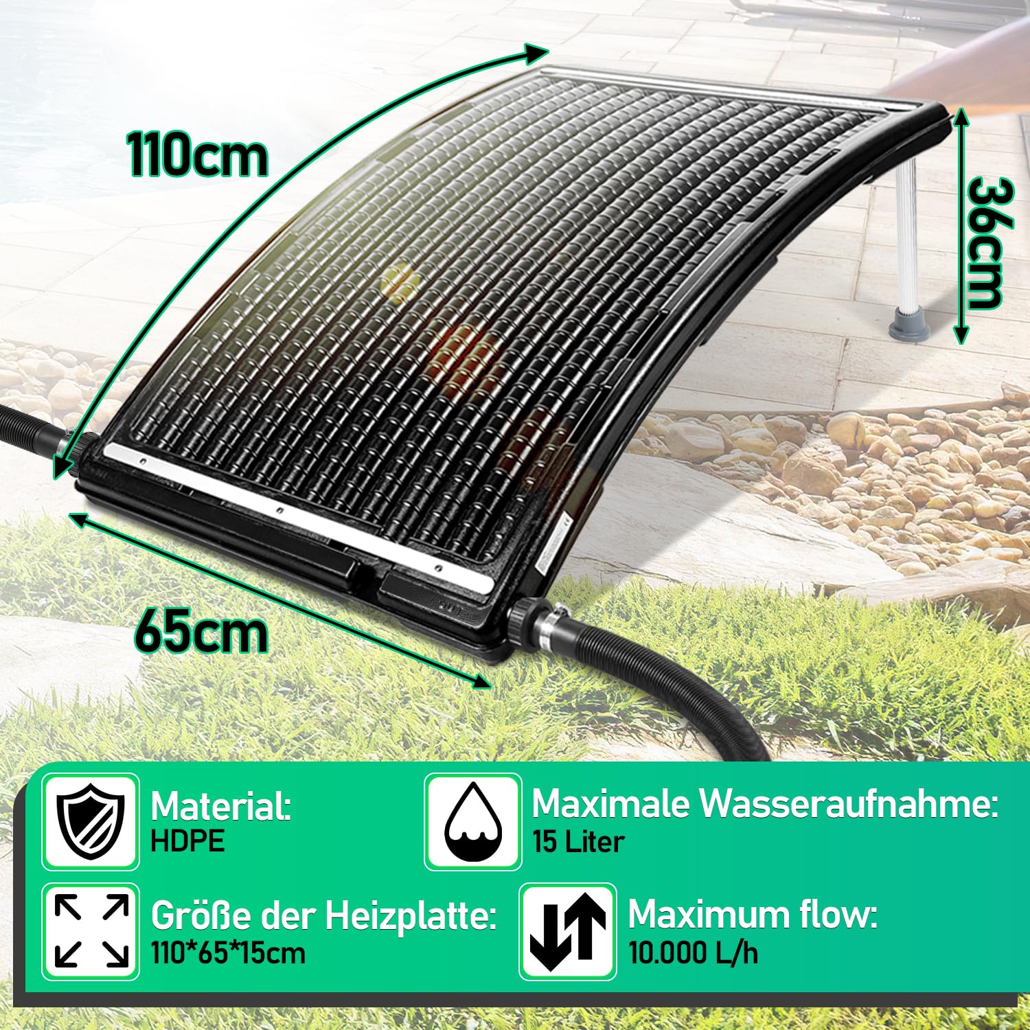 Riscaldamento solare per piscina, pannello solare, 110 x 69 x 14 cm, attacco Ø 38 mm, impianto solare per acqua calda, doccia da giardino, piscina, nero