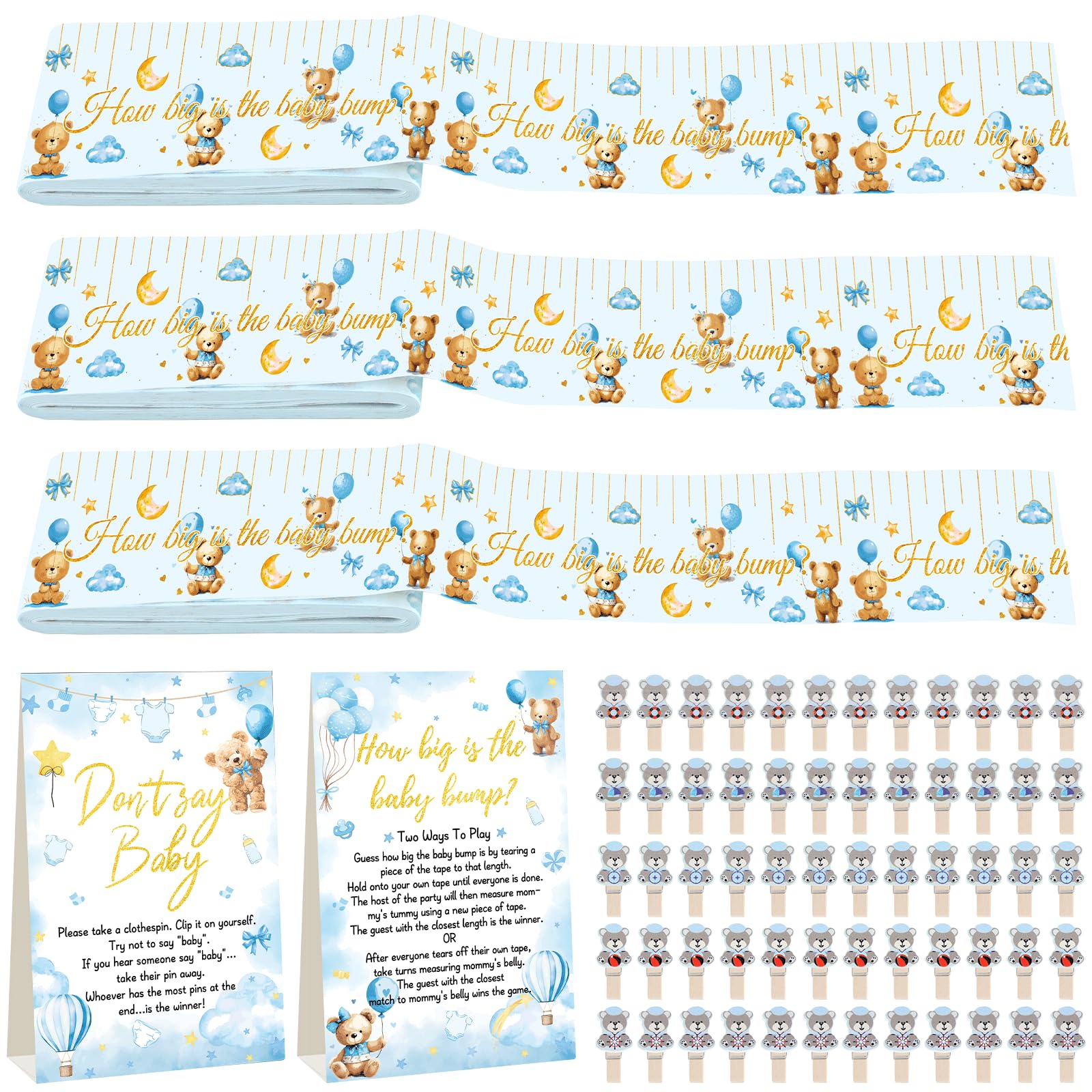 gisgfim64Pcs Baby Shower Game How Big is the Baby Bump Don't Say Baby Games Funny Baby Shower Sign With Belly Measuring Tape and Bear Clip for Boy Girl Gender Neutral Party Baby Shower Party Supplies