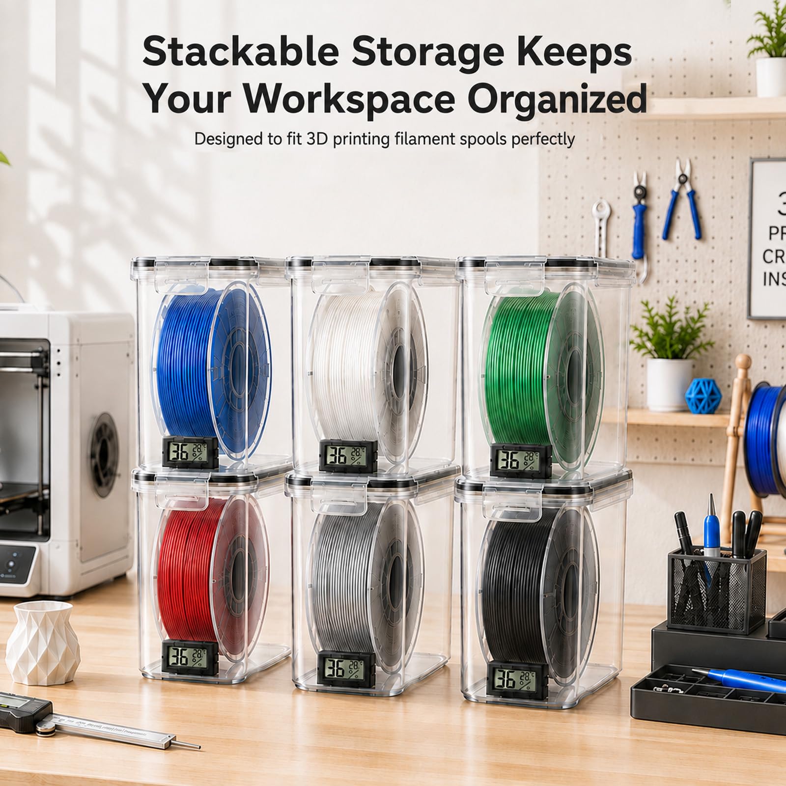 Filament Aufbewahrungsbox 6PCS für 3D Druck,Sichtbar Luftdichte Dry Box mit Temperatur & Feuchtigkeitsmonitor, Trockenmittel-Packs, Etiketten & Stift,Feuchtigkeitsdicht für PLA, PETG, TPU, ABS Spulen