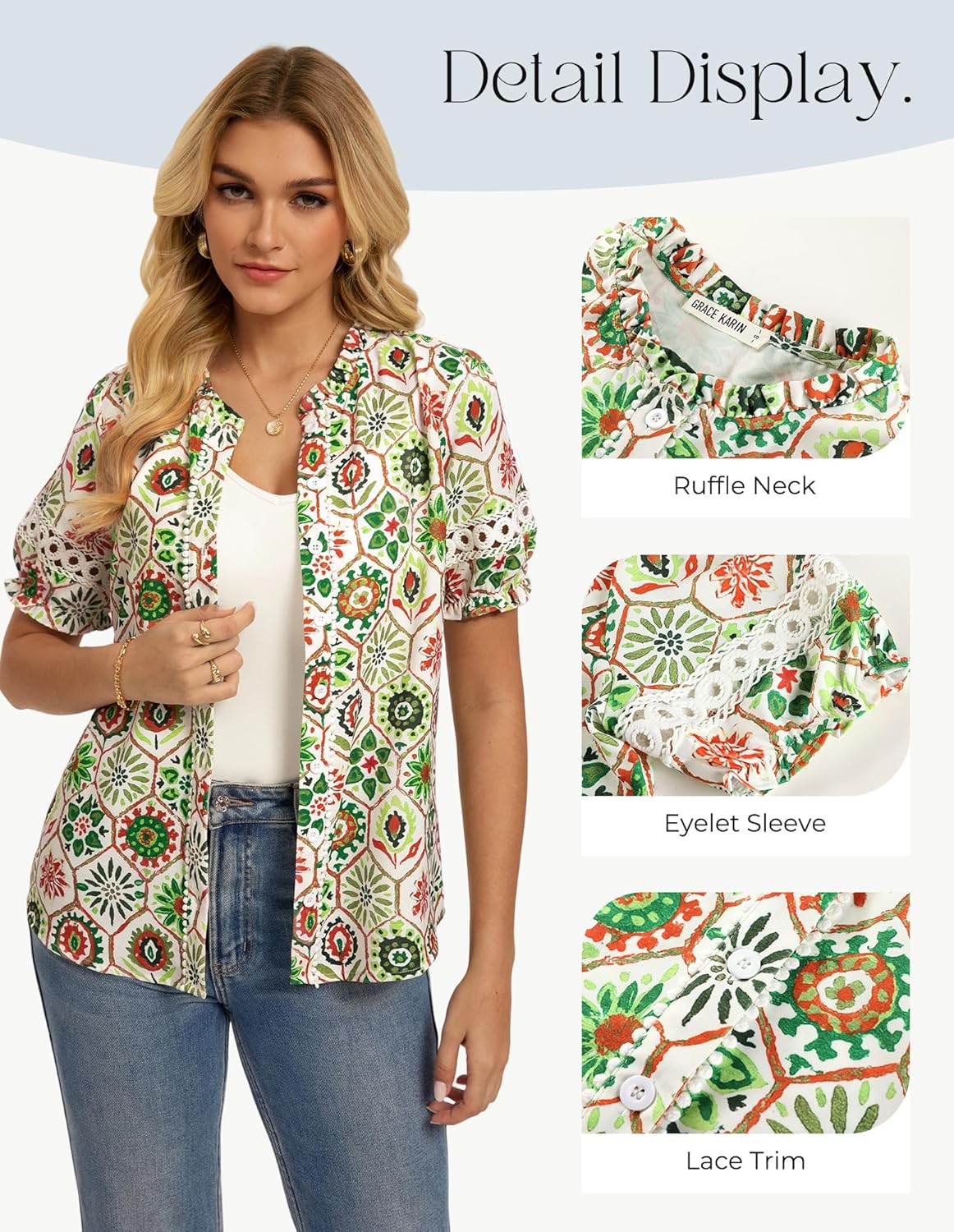 GRACE KARIN Women Boho Floral Tops, Summer Short Eyelet Sleeve Dressy Casual Shirts, Spring Button Down Blouse 2026 Trendy - Image 4
