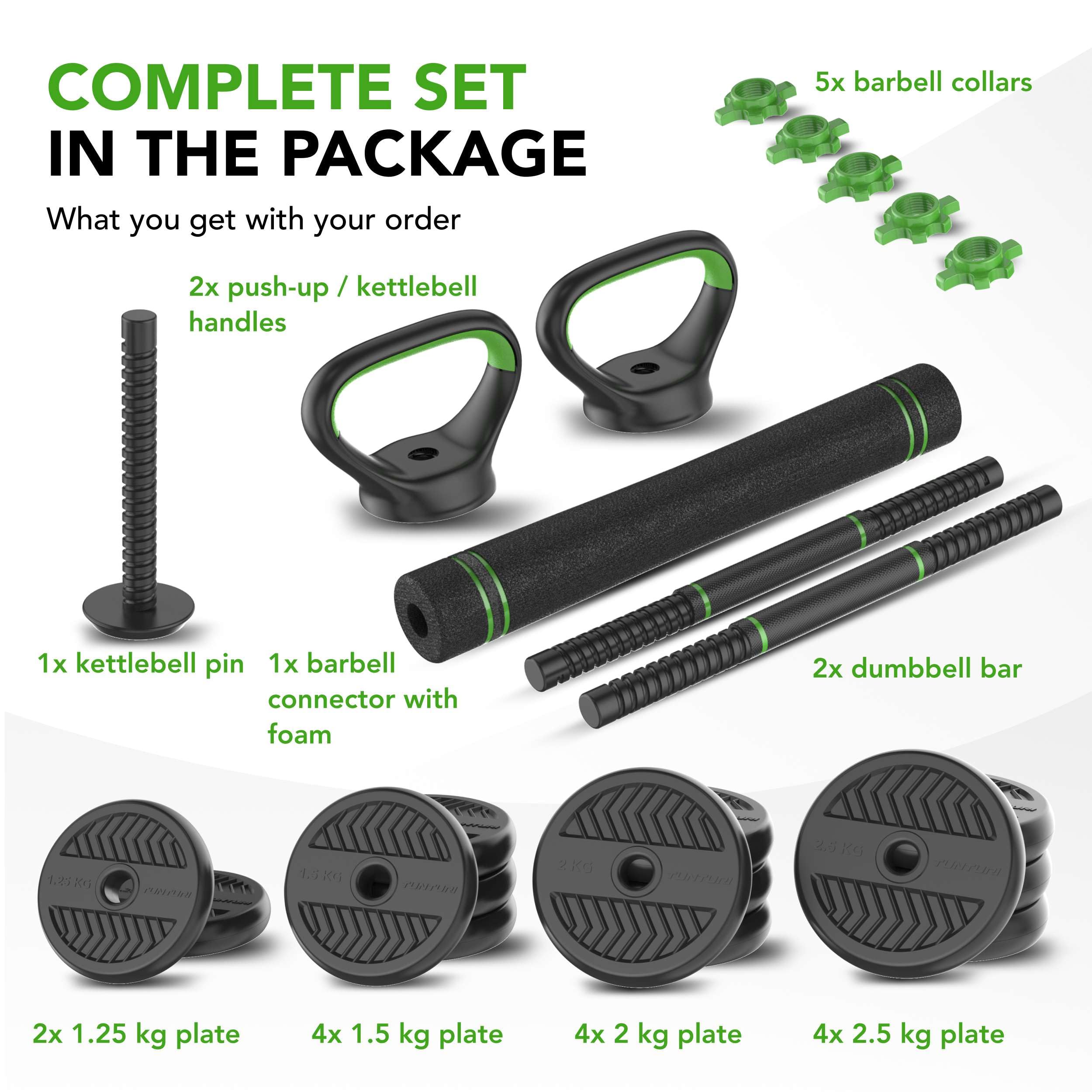 Tunturi Hantelset und Kurzhanteln Vinyl 20-28 kg – Gewichte-Set mit Kettlebell und Langhantel – Liegestützgriffe – Sternverschluss 30 mm – Rutschfester Griff