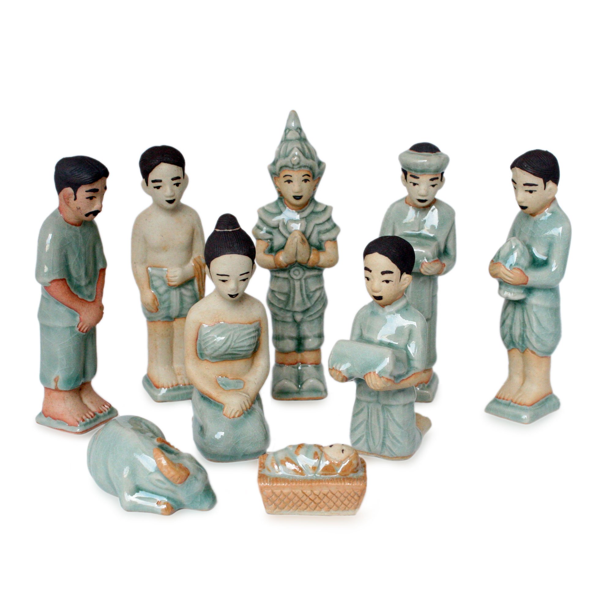 NOVICA Blue Celadon Ceramic Handmade Christmas Holiday Nativity Scene, 5" Tall 'Thai Christmas' (Set of 9)