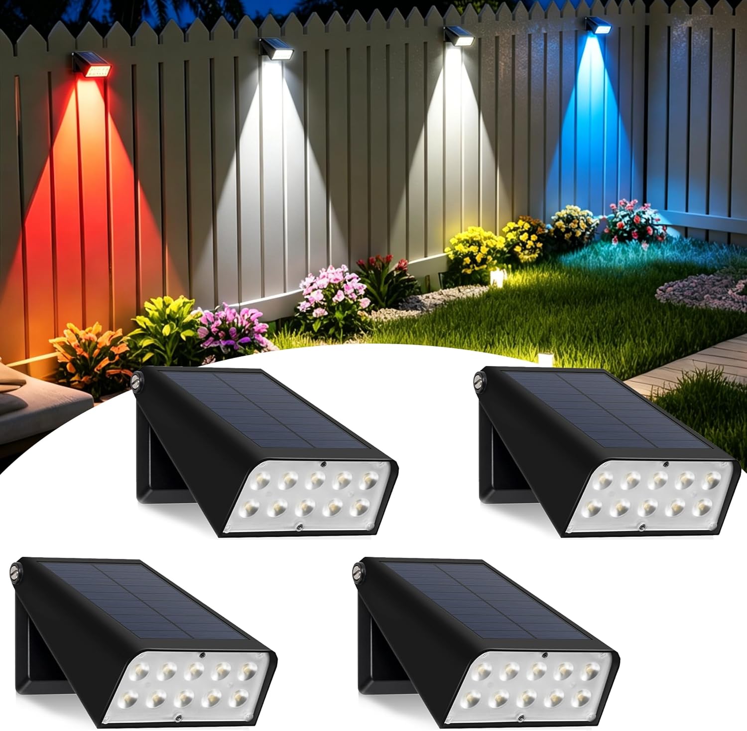 EMANER Solar Fence Lights, RGBW LED Deck Lights with Lens, 3000mAh Up to 20Hrs Runtime Waterproof Wall Lights Dusk to Dawn| Mother's Day Father's Day 4th of July Patio Yard Garden Decor Gifts (4Pack)