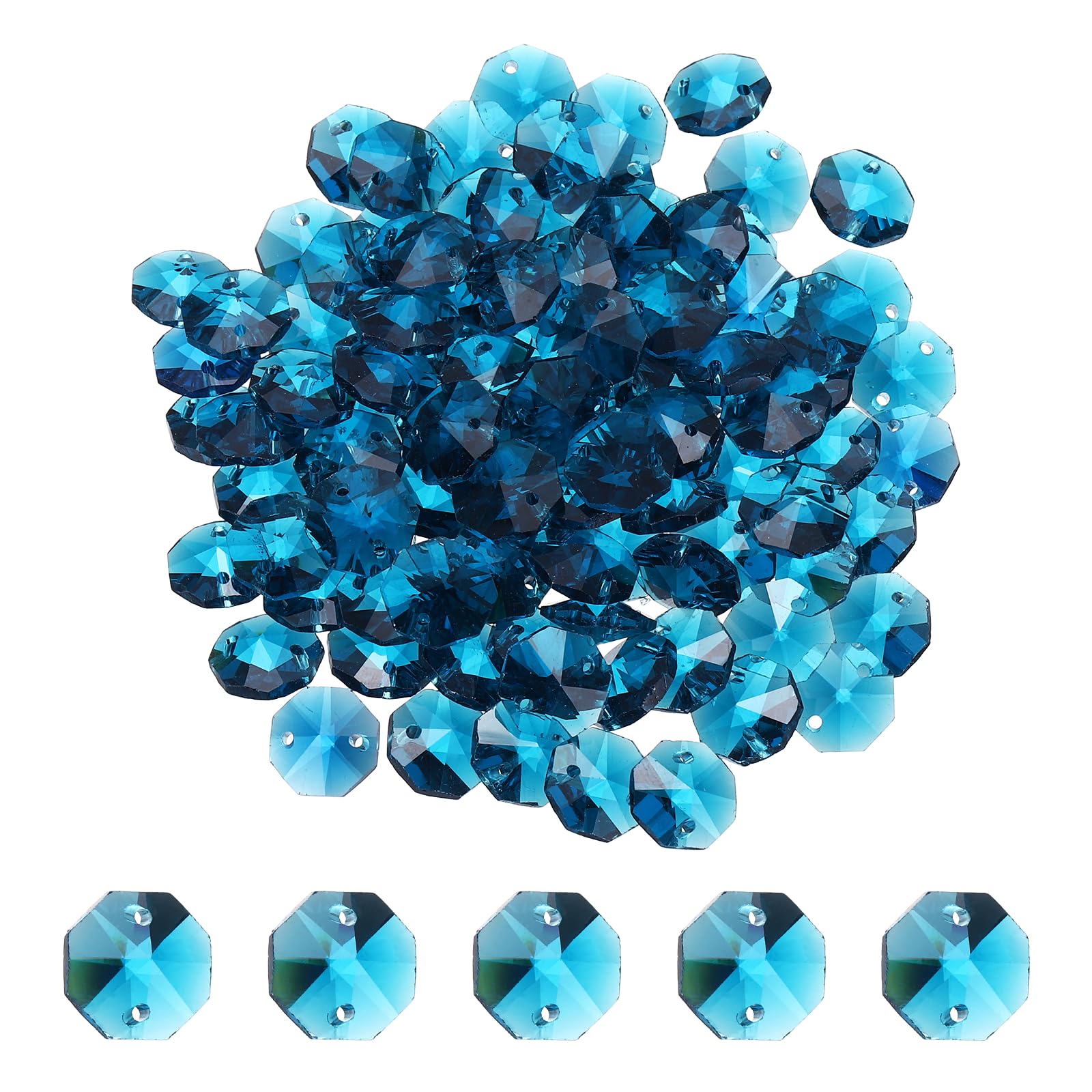 YELARXI 14mm Glass Octagon Beads, Sun Catcher Beads Bulk 2 Hole Sun Catcher Pendants 0.55" & 150 Pcs & Peacock Blue-Fitting for (Arts Crafts/Crystal Chandelier Repair/DIY Wind Chime)