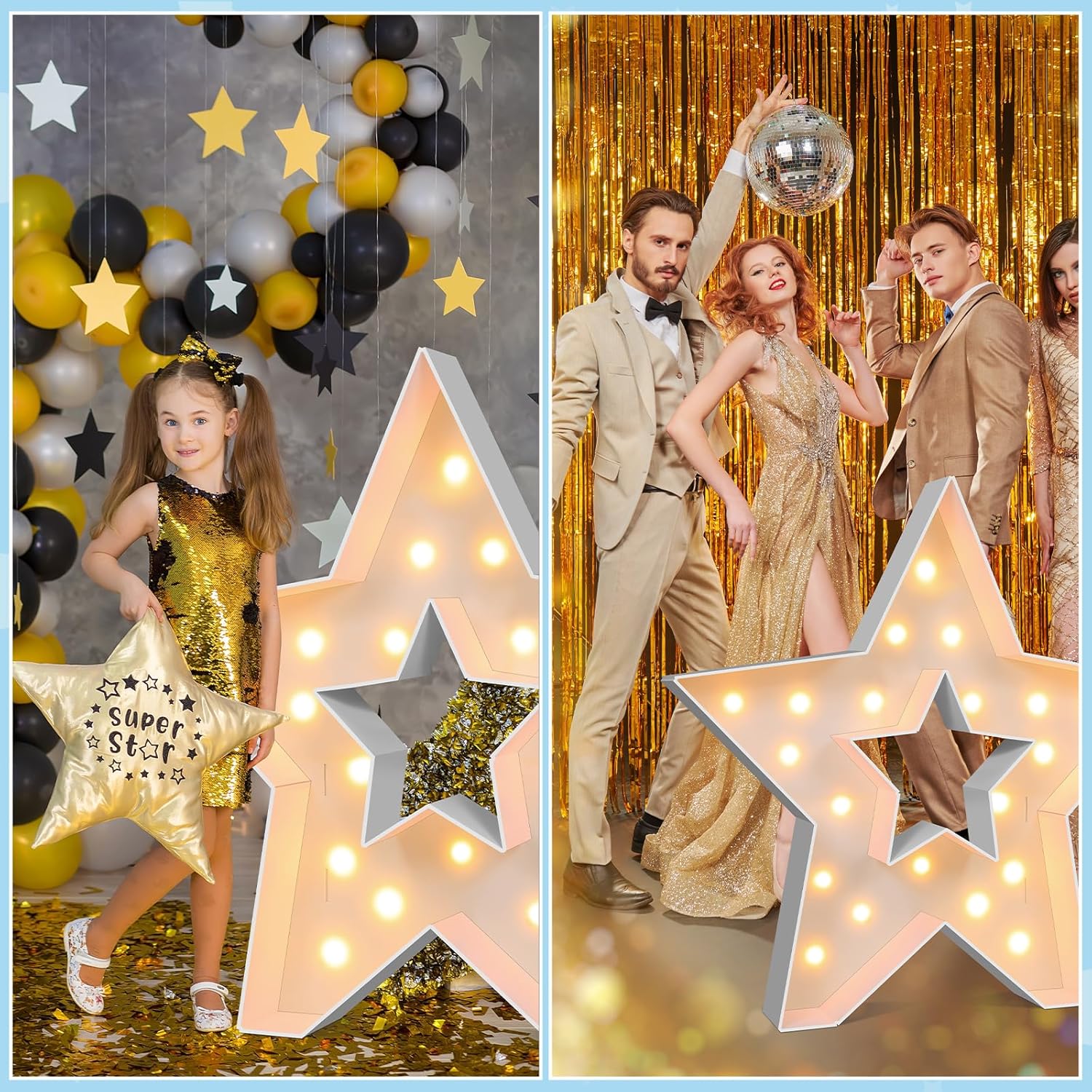 Maxcheck Marquee Large Light up Decoration, 4ft Balloon Frame with Bulb Light String Foam Marquee Signs for Eid Birthday Engagement Baby Shower Party Decorations(Star)