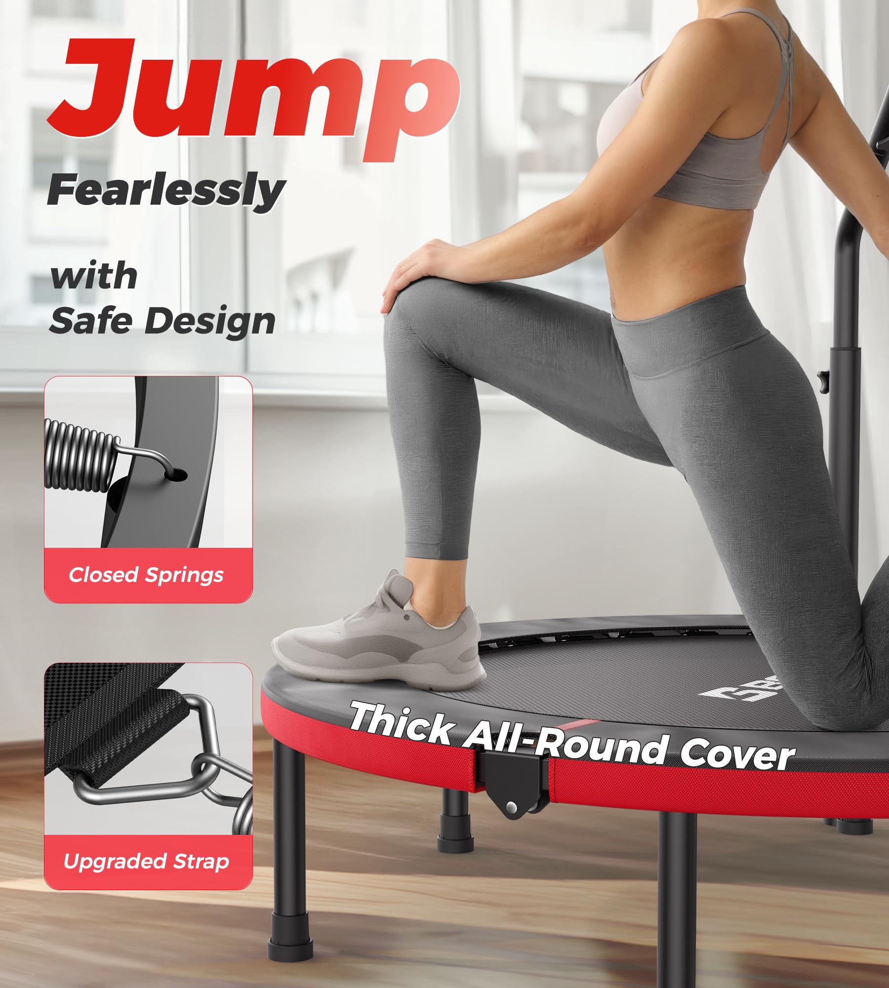 BCAN Trampolina do wnętrz, 102 cm Trampolina do skakania Fitness, składana, nośność 150 kg, wzmocniona sprężyna, regulowany uchwyt z wyściółką piankową, odpowiednia dla dorosłych i dzieci