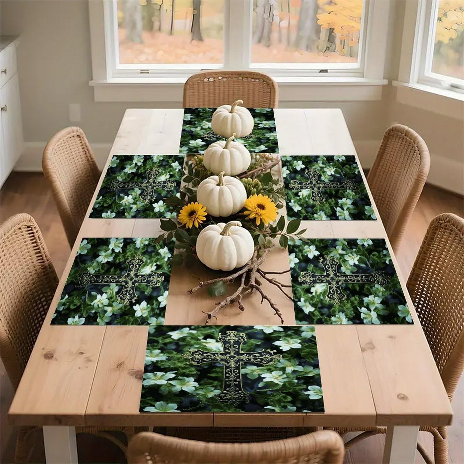 Black Cross Among Green Flowers Placemats Heat Resistant Non-Slip Place Mats Washable Wipeable Table Mat Kitchen Dining Table Decoration Placemats Indoor Outdoor Place Mats 17.7’’×11.8’’