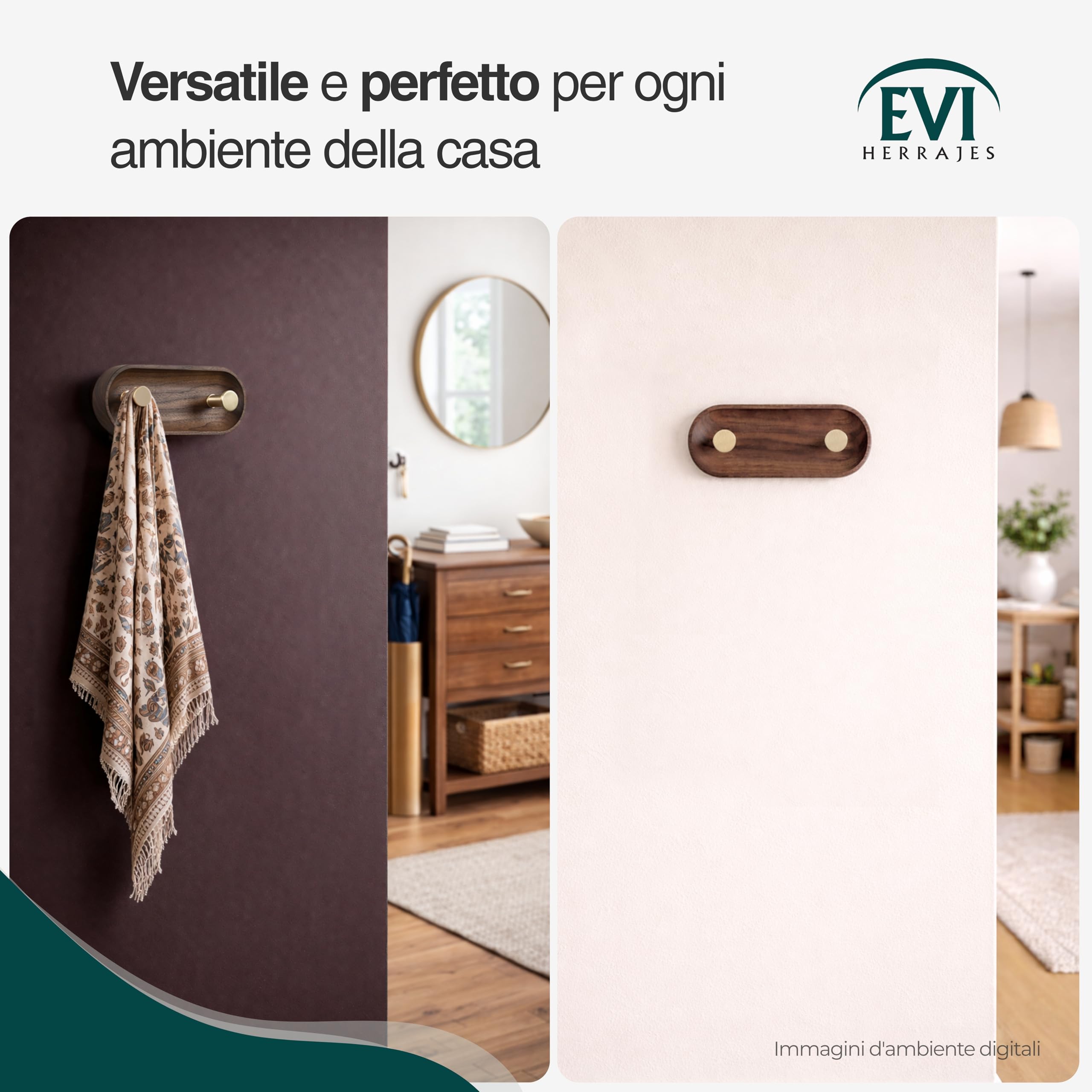 EVI Herrajes | Appendiabiti da parete | 2 ganci | Legno massello di noce | Ganci in ottone satinato | Kit di montaggio incluso | Mod. Cova 2CNOLMT