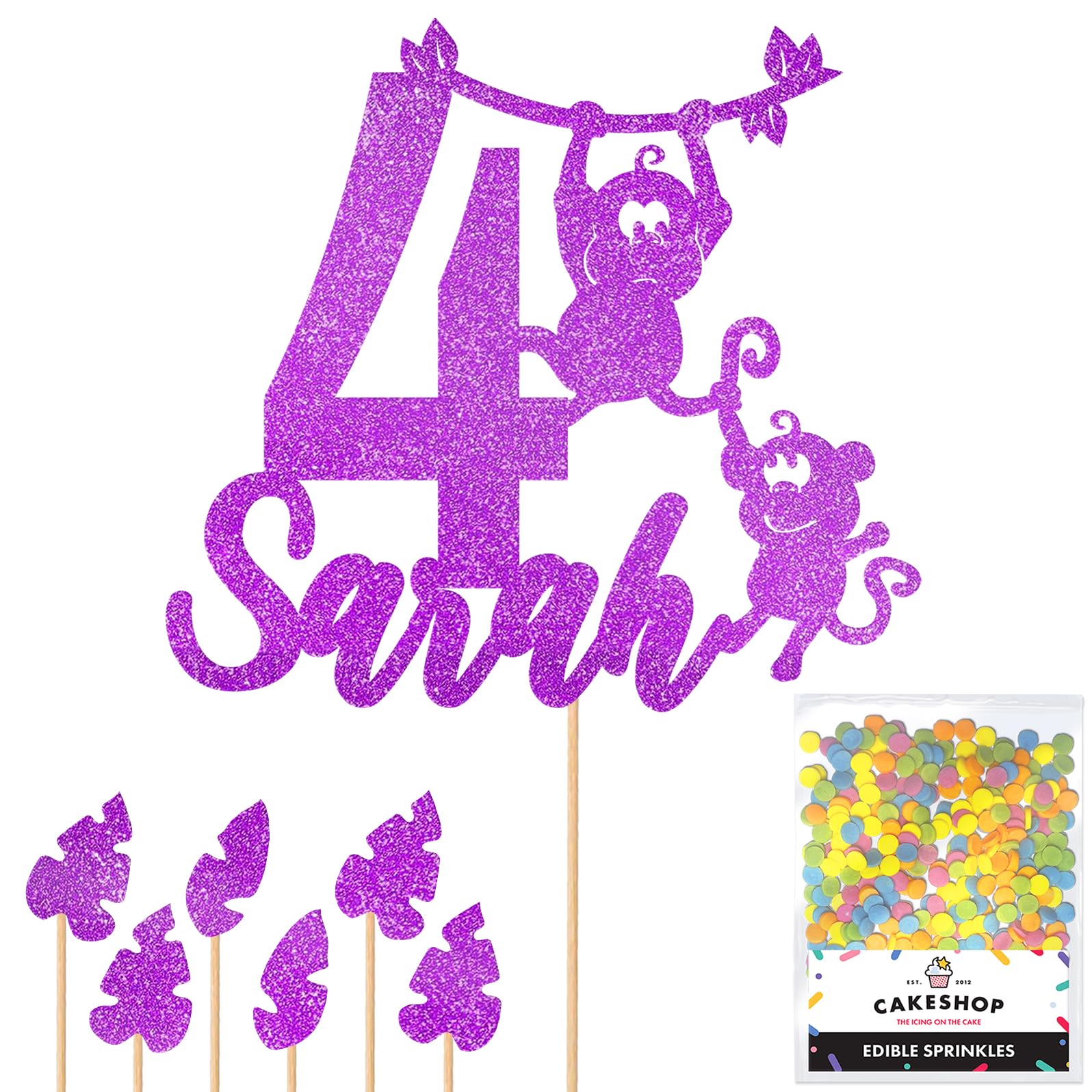 Personalised Birthday Jungle Monkey Glitter Cake Topper- Purple Any Custom Age & Name Glitter Cake Decoration and Sprinkles - Happy Birthday Decorations - Personalised Toppers for Cakes by Cakeshop