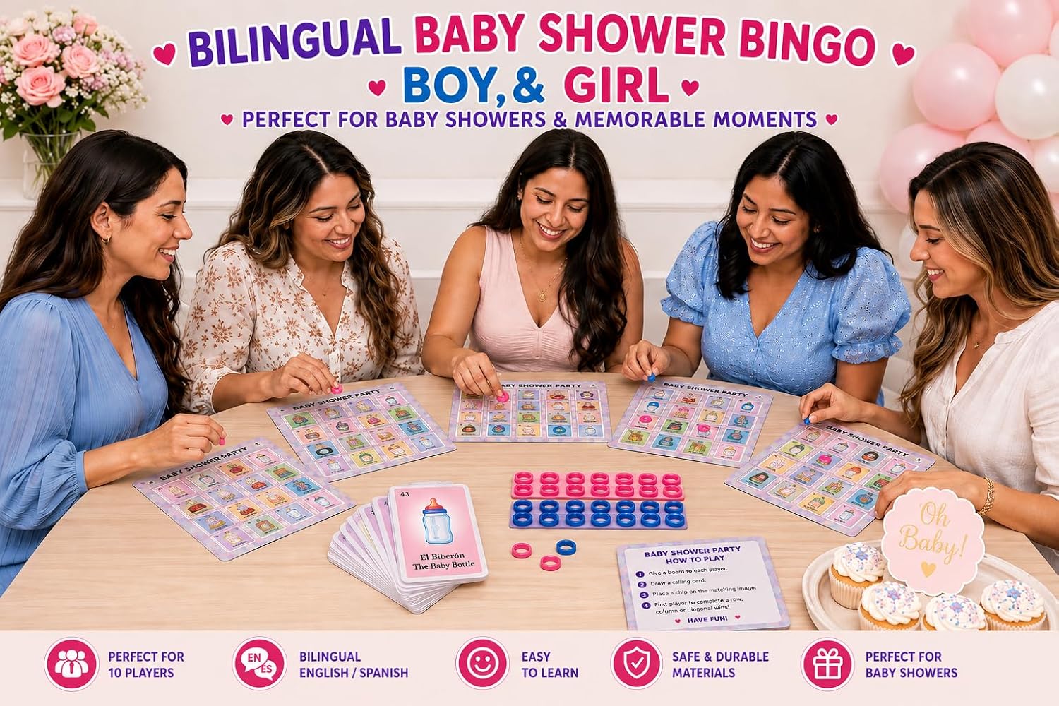 ELIASM Baby Shower Bingo Kit - Bilingual English Spanish, for 10 Players - Includes 1 Deck of Cards and 10 Boards - for The Entire Family - Great for Learning Spanish