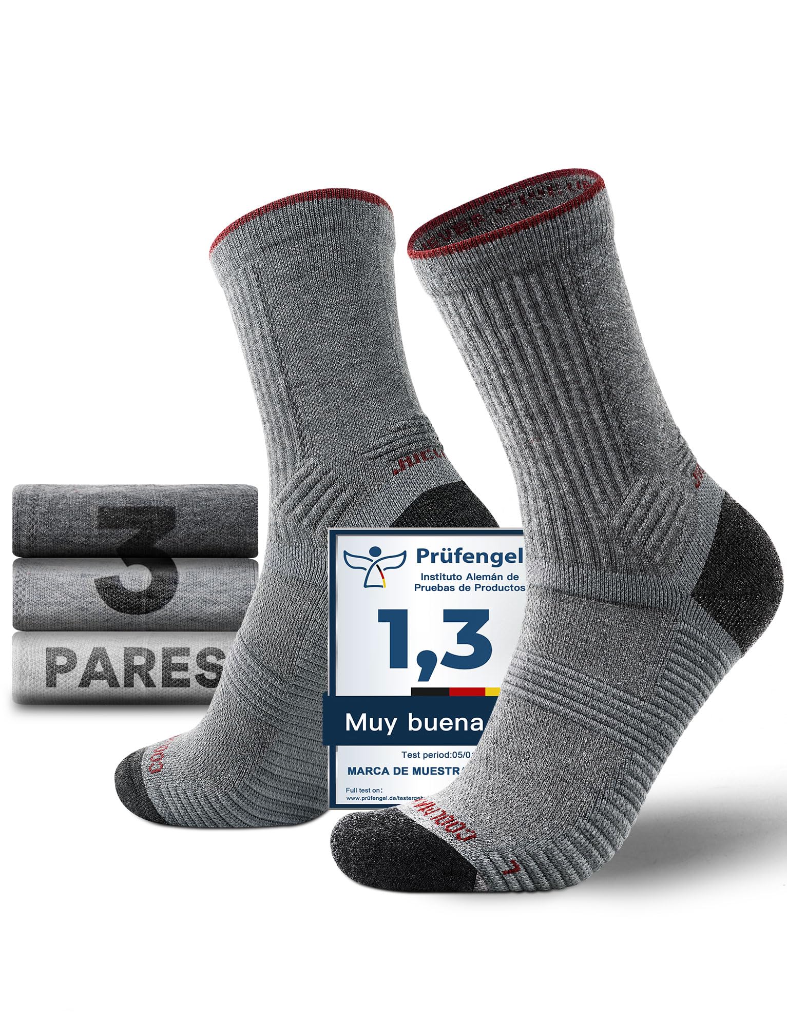 Juclise Calcetines de Senderismo de Lana Merino para Hombre - Grosor Medio, Transpirable, Absorbe la Humedad, Anti-Ampollas, Con Acolchado y Compresión