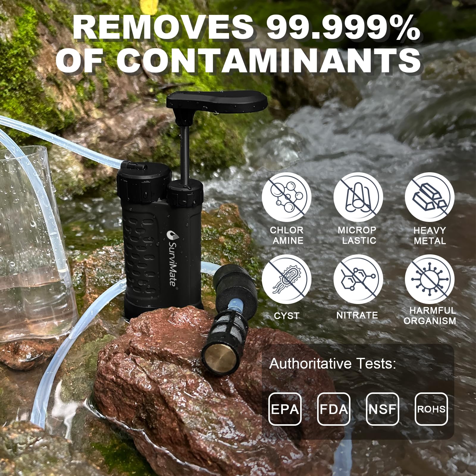 Bomba purificadora de agua con filtro de agua de carbono reemplazable de 0,01 micras, 4 etapas de filtro, color negro
