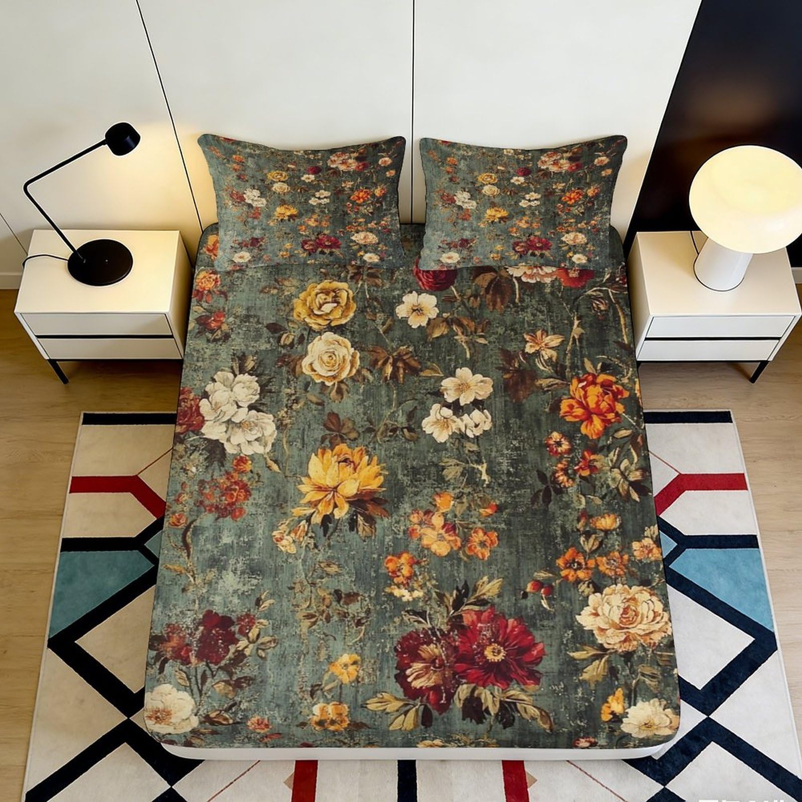 3D Printed Vintage Floral Fitted Sheet Microfiber Soft Decorative Retro Blossom Bed Cover for Bedroom Guestroom 90x200x25cm
