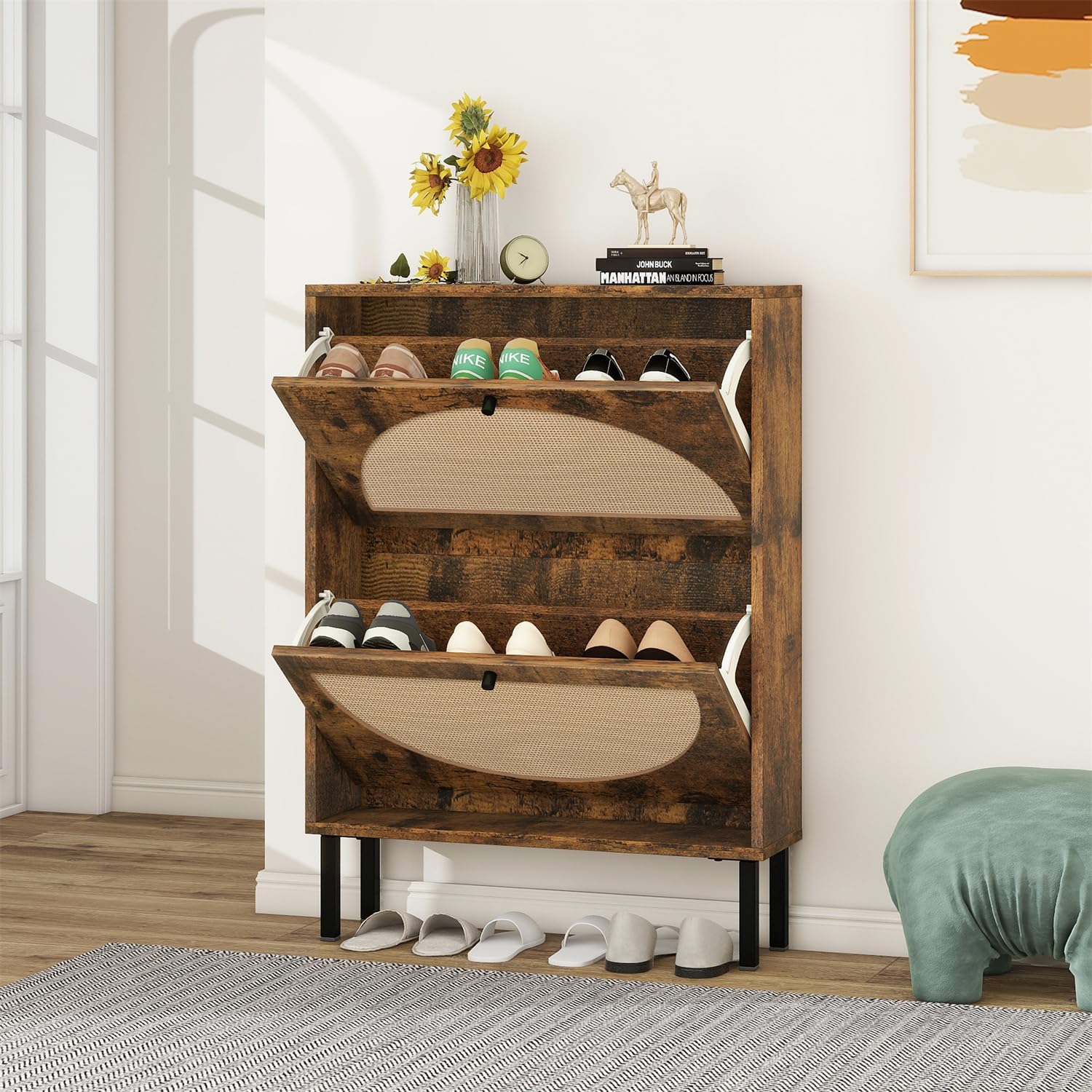 ZeHuoGe Rattan Shoe Cabinet with 2 Flip Drawers, Narrow Hidden Shoe Rack, Rattan Storage Cabinet for Entryway, Shoe Organizer with Rattan Doors (Rustic Brown)