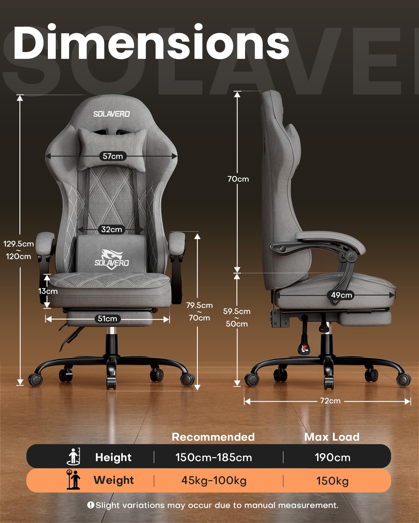 SOLAVERO Silla Gaming con Masajeador y Tela Perforada Transpirable (Gris) | Asiento de doble capa, cojín lumbar con masaje USB, reposapiés, respaldo reclinable de 90 a 135 grados, carga 150 kg