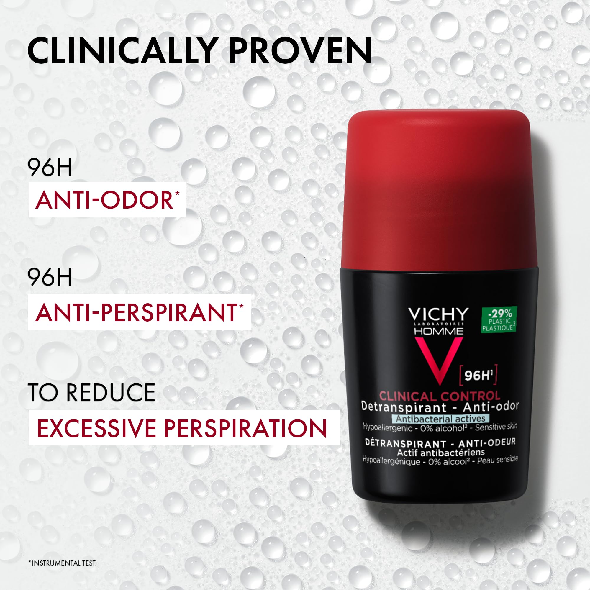 Vichy Homme Control 96H Anti-Perspirant Roll-On for Men 50ml – Extreme 4-Day Sweat & Odour Protection, Maximum Long-Lasting Control, Gentle on Sensitive Skin
