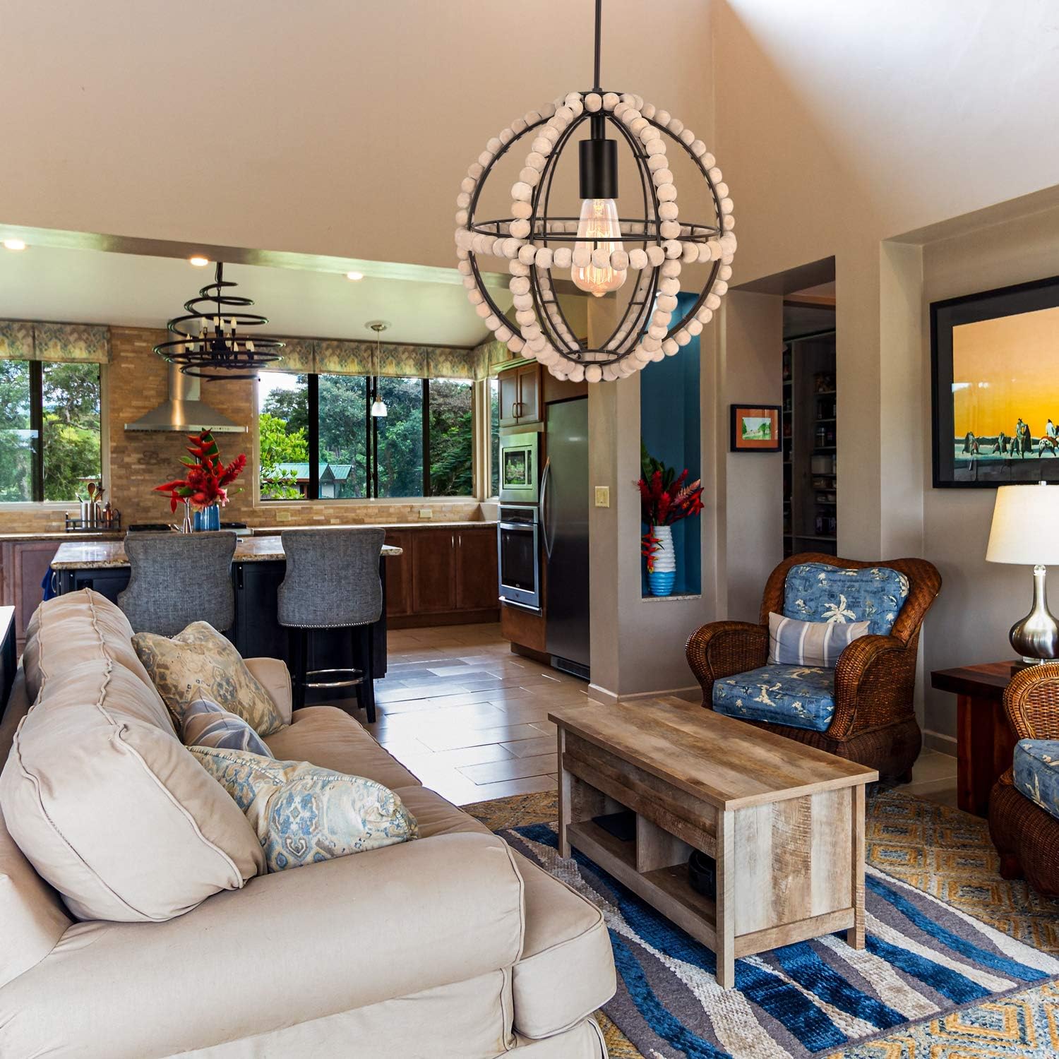 Best Review Wood Bead Chandelier Pendant Lamp, Modern Wood Bead Chandelier Ceiling Fixtures-1 Lights (Bulb not Include), Industrial Metal Ring Frame Ceiling Lamp Kitchen Island Vintage Hanging Light Fixtures