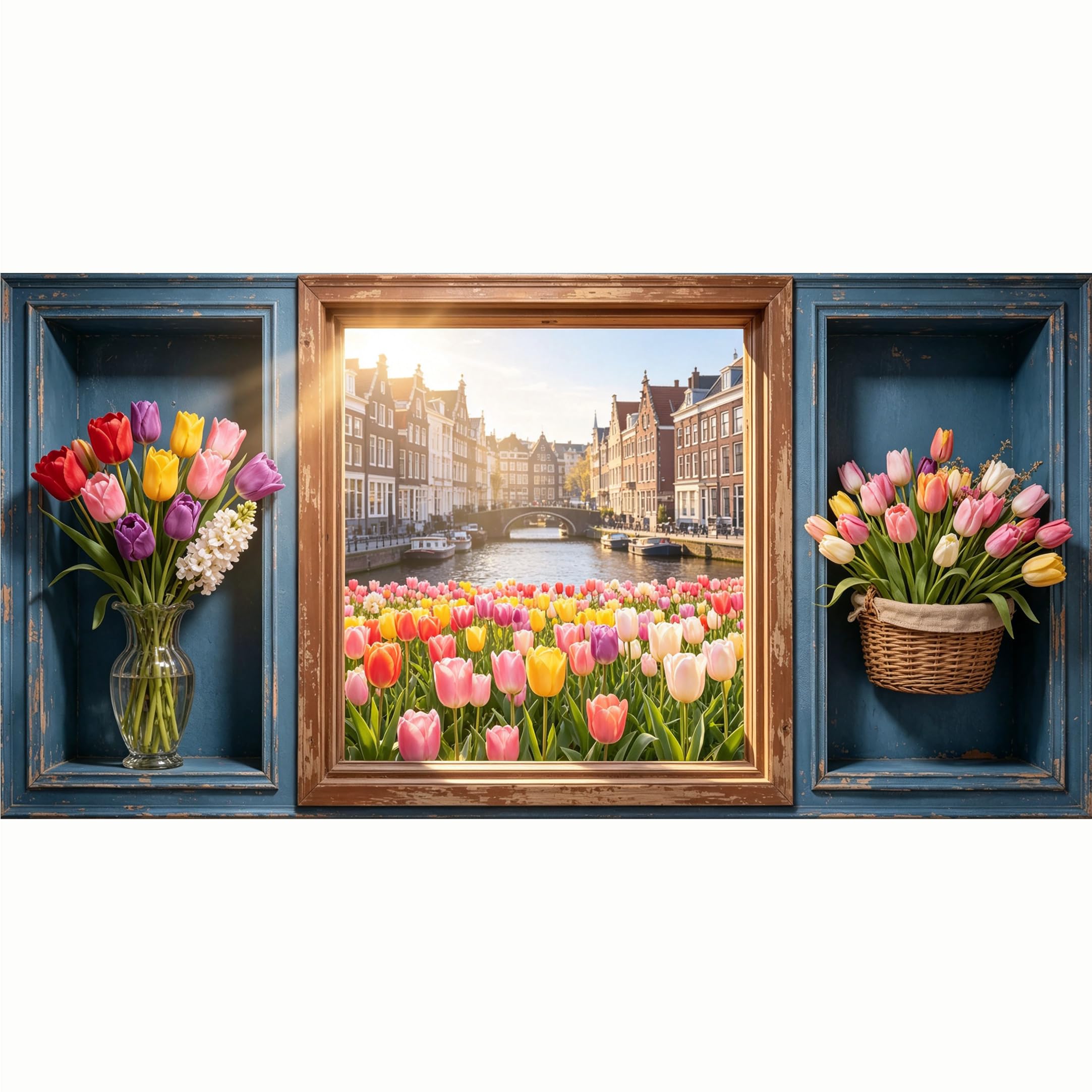 QZLITHOTIC 50x100cm 3D Framed Wall Art， Amsterdam Canal Tulip Botanical Landscape SelfAdhesive Mural， WaterActivated Peel & Stick Fabric Decor Wall Decal for Bedroom Living Room
