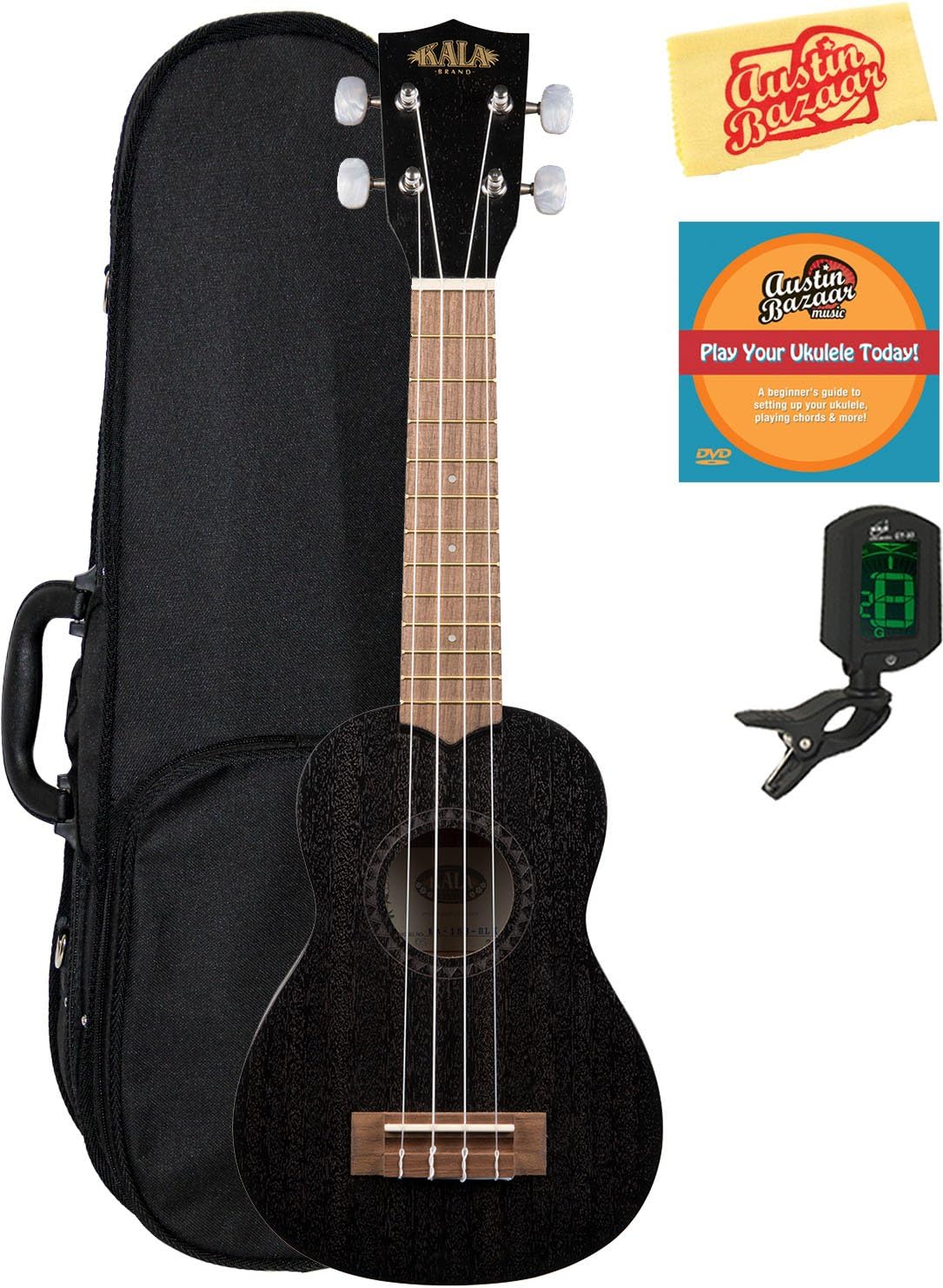 Kala KA-15S-BLK Satin Mahogany Soprano Ukulele - Black Bundle with Hard Case, Tuner, Austin Bazaar Instructional DVD, and Polishing Cloth