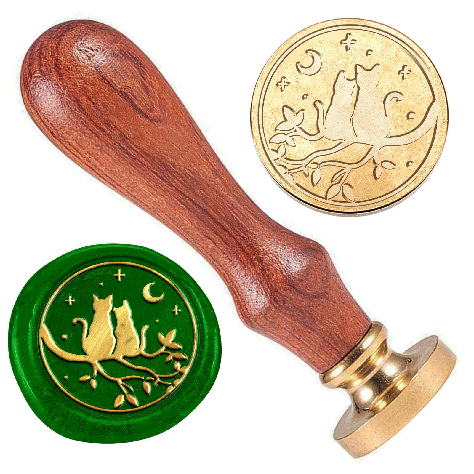 DELORIGIN Cat Wax Sealing Stamp, 1" Brass Head, Wooden Handle, Removable Head, Clear, For Wedding Invitations & Gift Wrapping