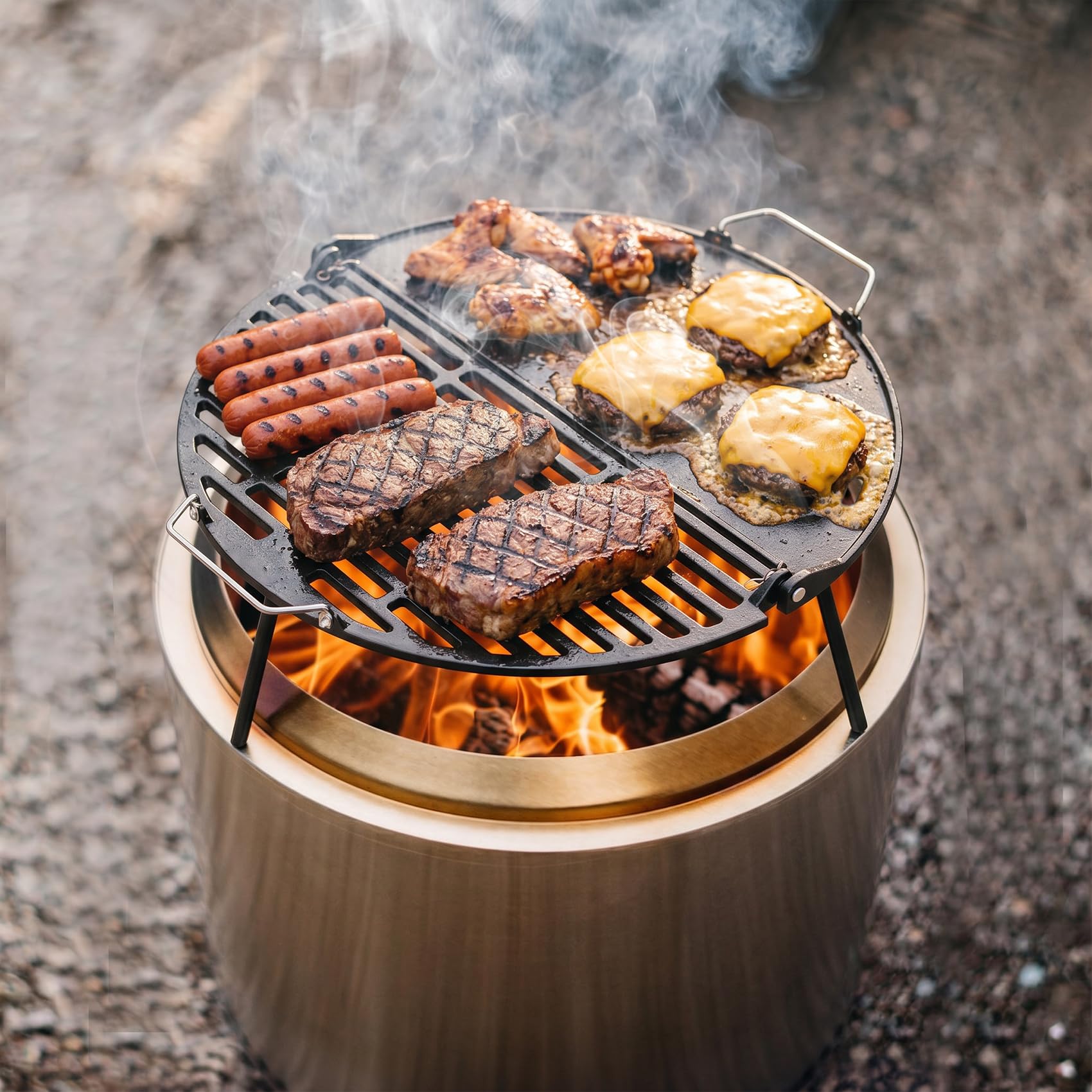 Onlyfire Żeliwna płyta grillowa Solo, bezdymny Bonfire, 49,5 cm, składany grill i płyta grillowa 2 w 1 z kubkiem tłuszczu do grilla na podwórku i na świeżym powietrzu