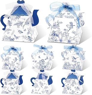 24Pcs Mini Blue and White Flower Party Gift Box Tea Party Teapot Candy Box with Chinoiserie Floral Printed Party Supplies For Wedding Bridal Birthday Baby Shower Treat Box for Tea Party Decor