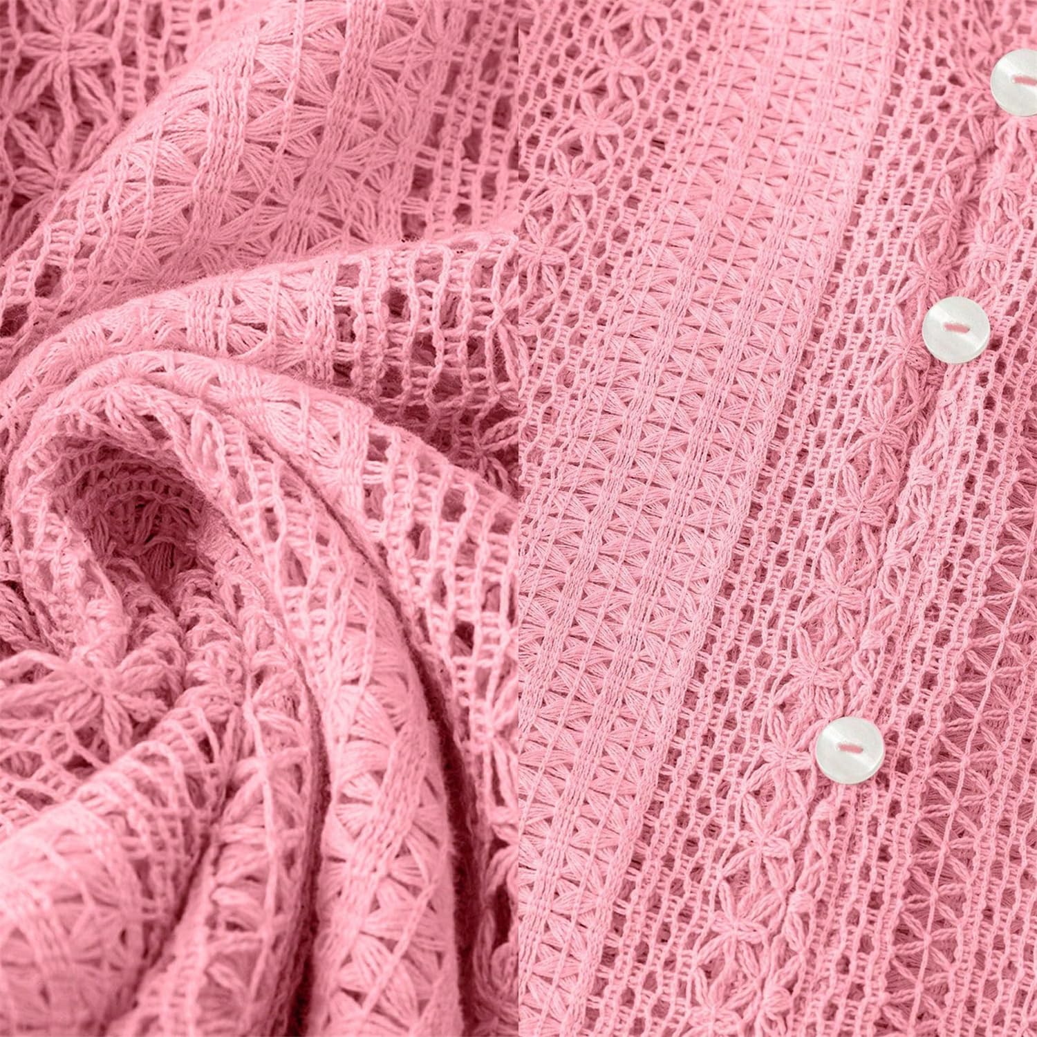 Top Estivo Casual in Maglia Traforata con Bottoni: Blusa Elegante con Scollo a V, Dettagli all'Uncinetto e Maniche Lunghe a Lanterna