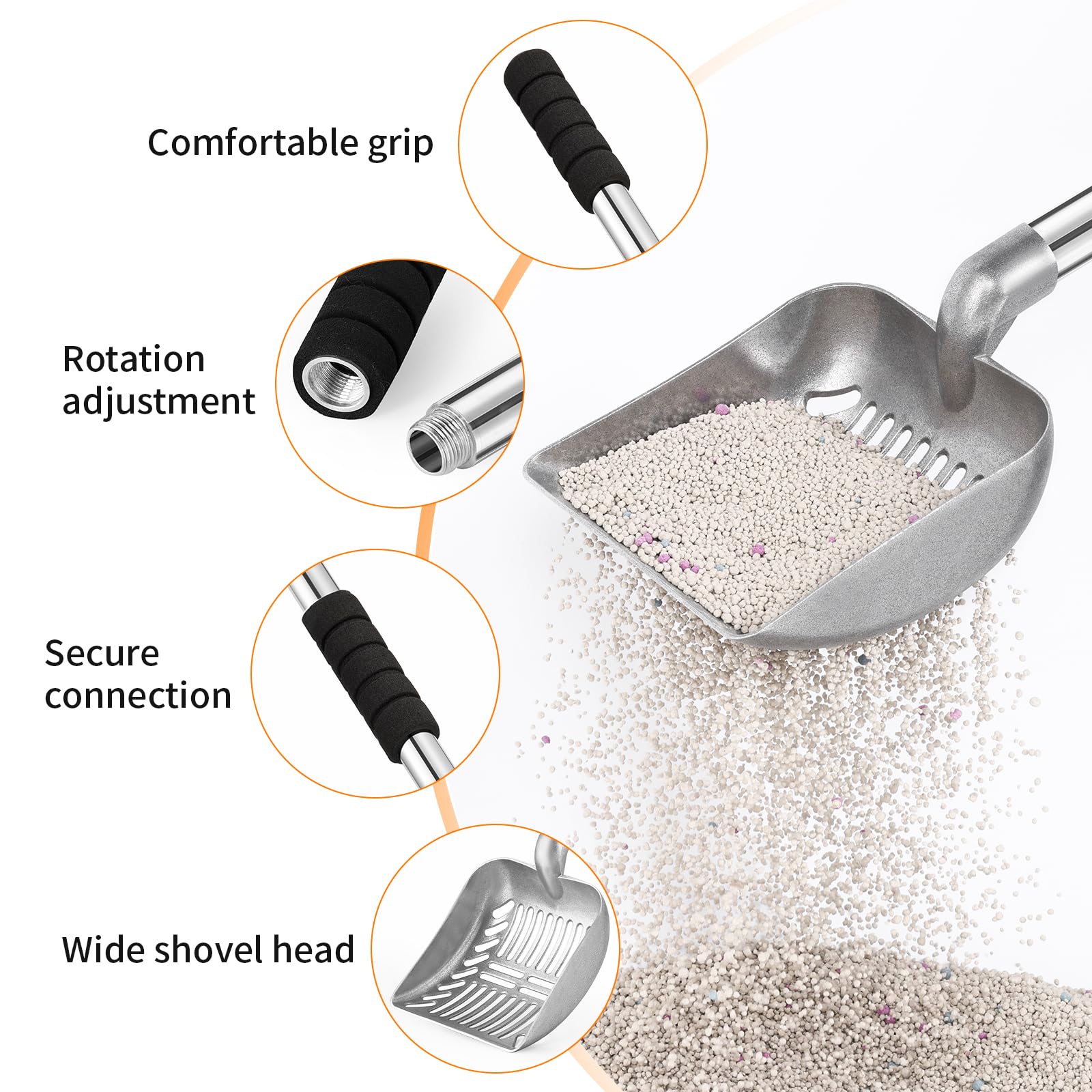 Yangbaga Metal Cat Litter Scoop with Deep Shovel&Long Handle,Detachable Stainless Steel Non-Stick Sifter with Foam Padded Grip, No Bending Back Heavy Duty Cat Litter Scooper - image 5