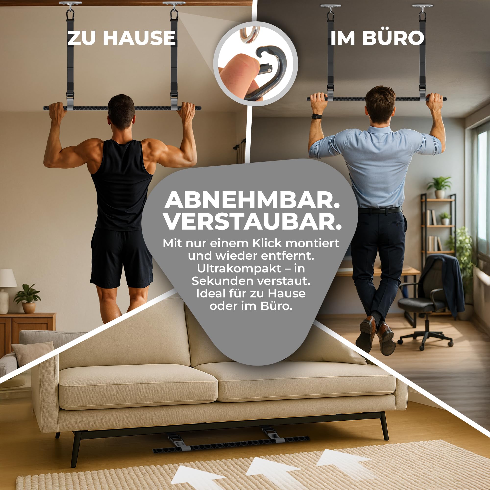 Klimmzugstange Decke, abnehmbar, höhenverstellbar, griffig, platzsparend, verstaubar, zum Aufhängen, geprüftes Fitnessgerät für Zuhause, sichere Pull-Up Bar mit Beinfreiheit