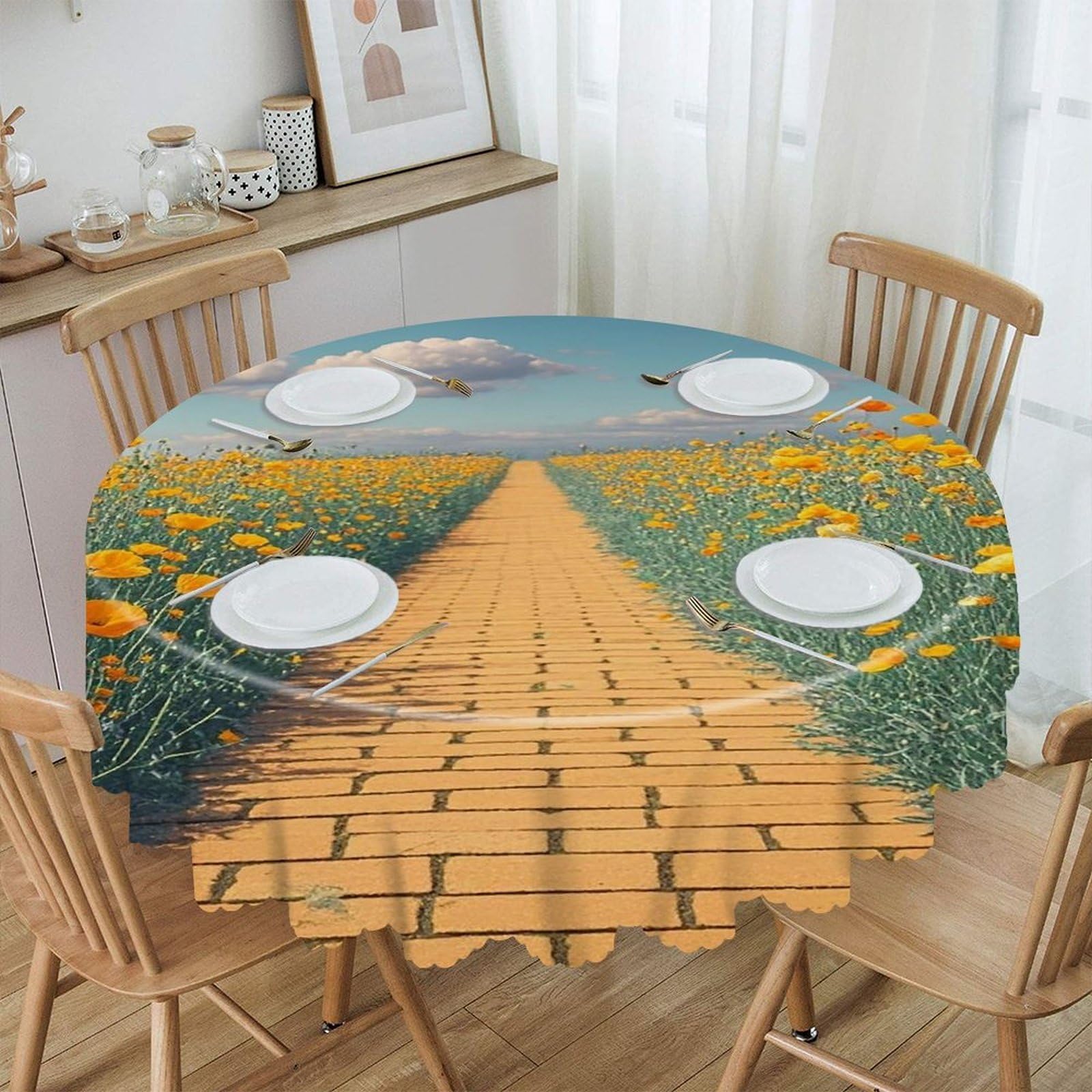 FekiLoot 60 Inch Round Poppies Field Yellow Brick Road Tablecloth Waterproof Heavy Duty Polyester Table Cloth Spill-Proof Wipeable Table Cover Decorative Circle Dining Tablecover for Party Outdoor