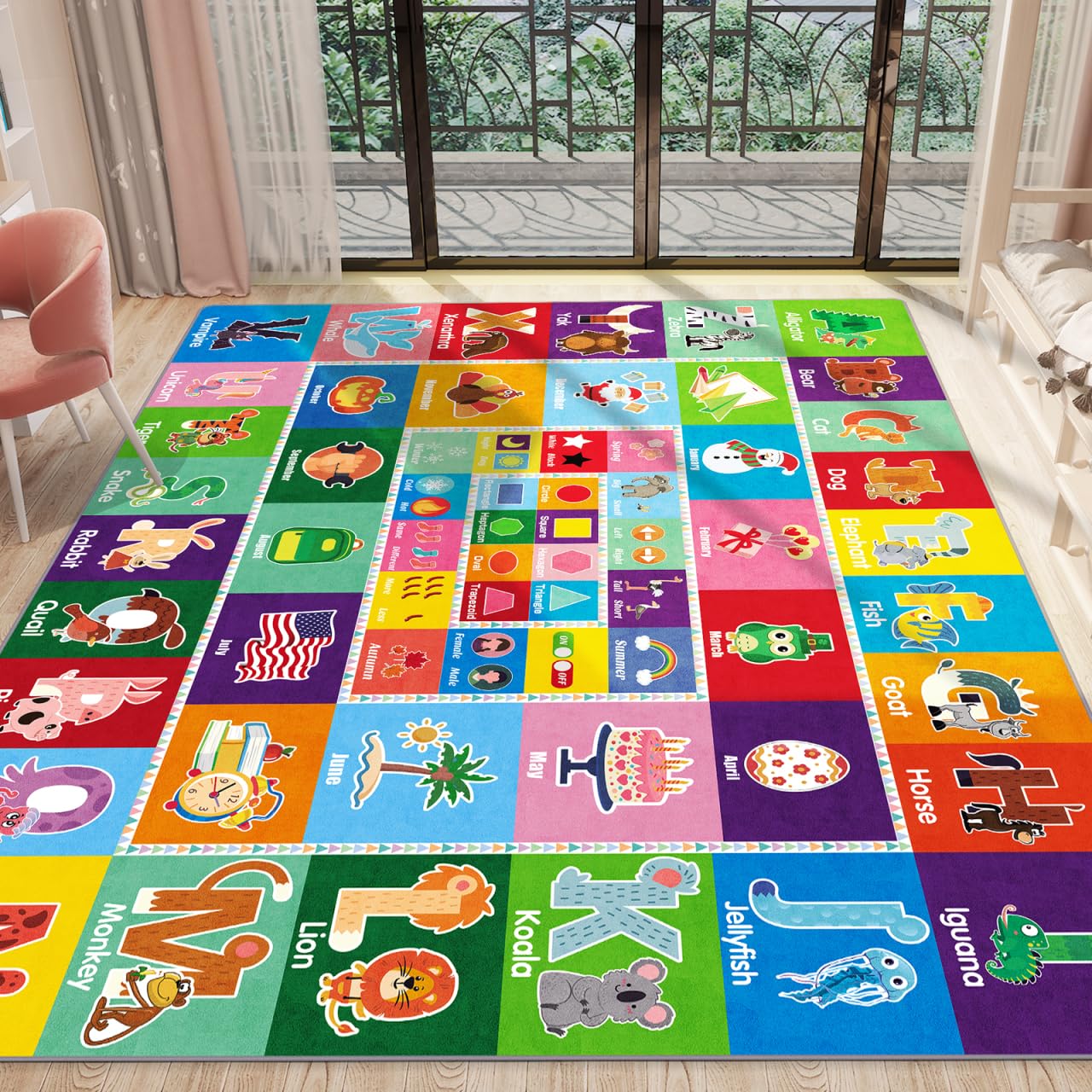 Kids Rugs for Bedrooms: 200x150cm Baby Play Rugs for Children with ABC Shapes Season Month Opposite Animal Educational Area, Road Car Carpet Soft Play Mat for Floor Playroom Room Decor