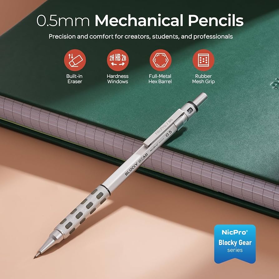 Nicpro Blocky Gear 0.5 mm Mechanical Pencil Set in Case, Metal