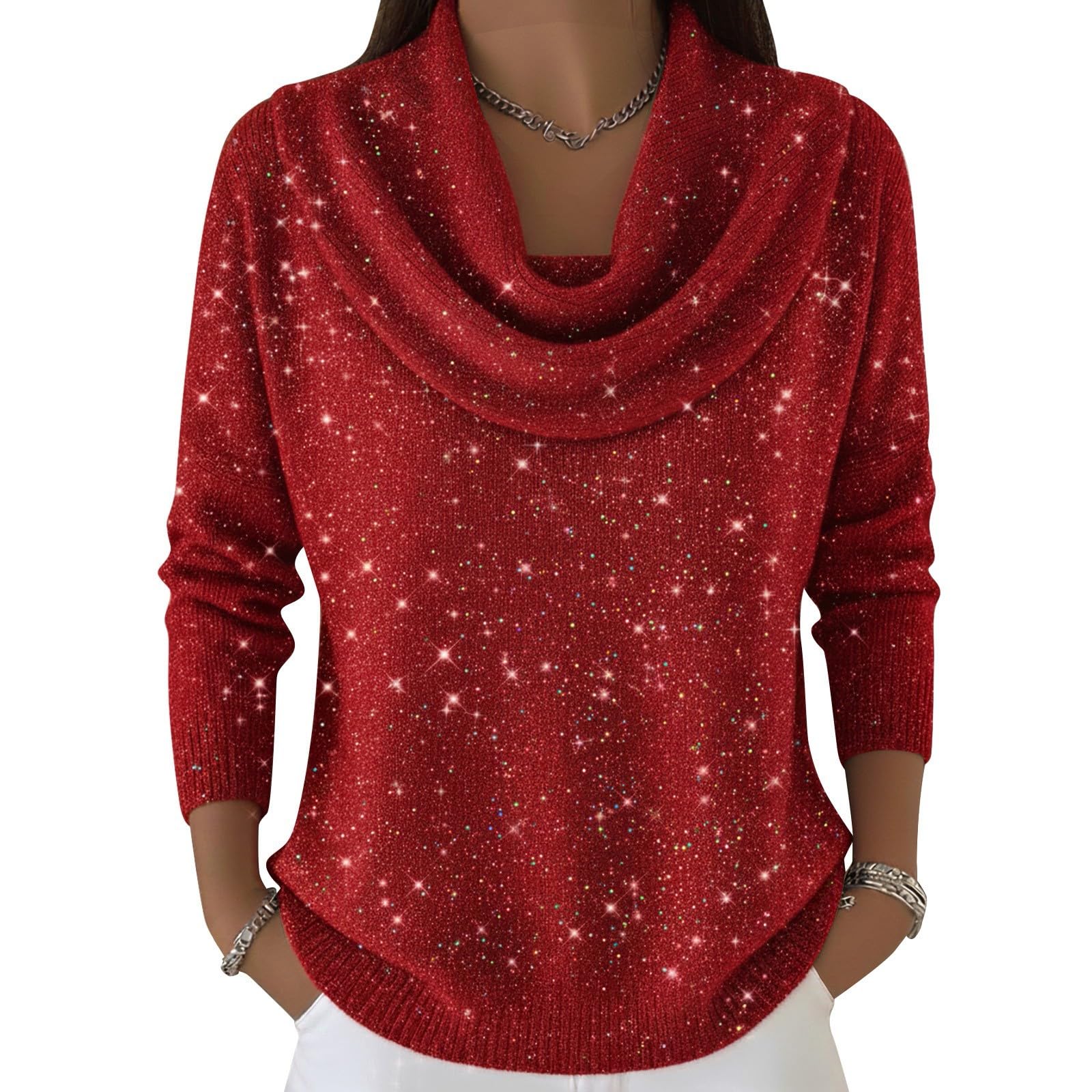 Sequin Sequence Cowl Neck Sweaters for Women Sparkling Knitted Cozy Casual Tops Fall Winter Fashion Glitter Top