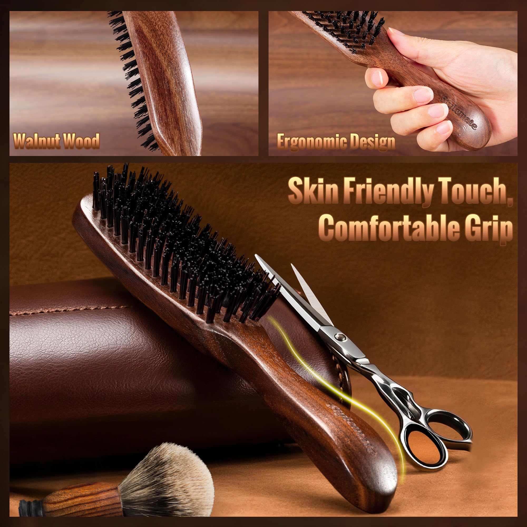 STYLEMATE Spazzola per capelli da uomo, con setole rigide in nylon, per capelli spessi, con manico in legno di noce nero naturale per lisciare, districare, acconciare