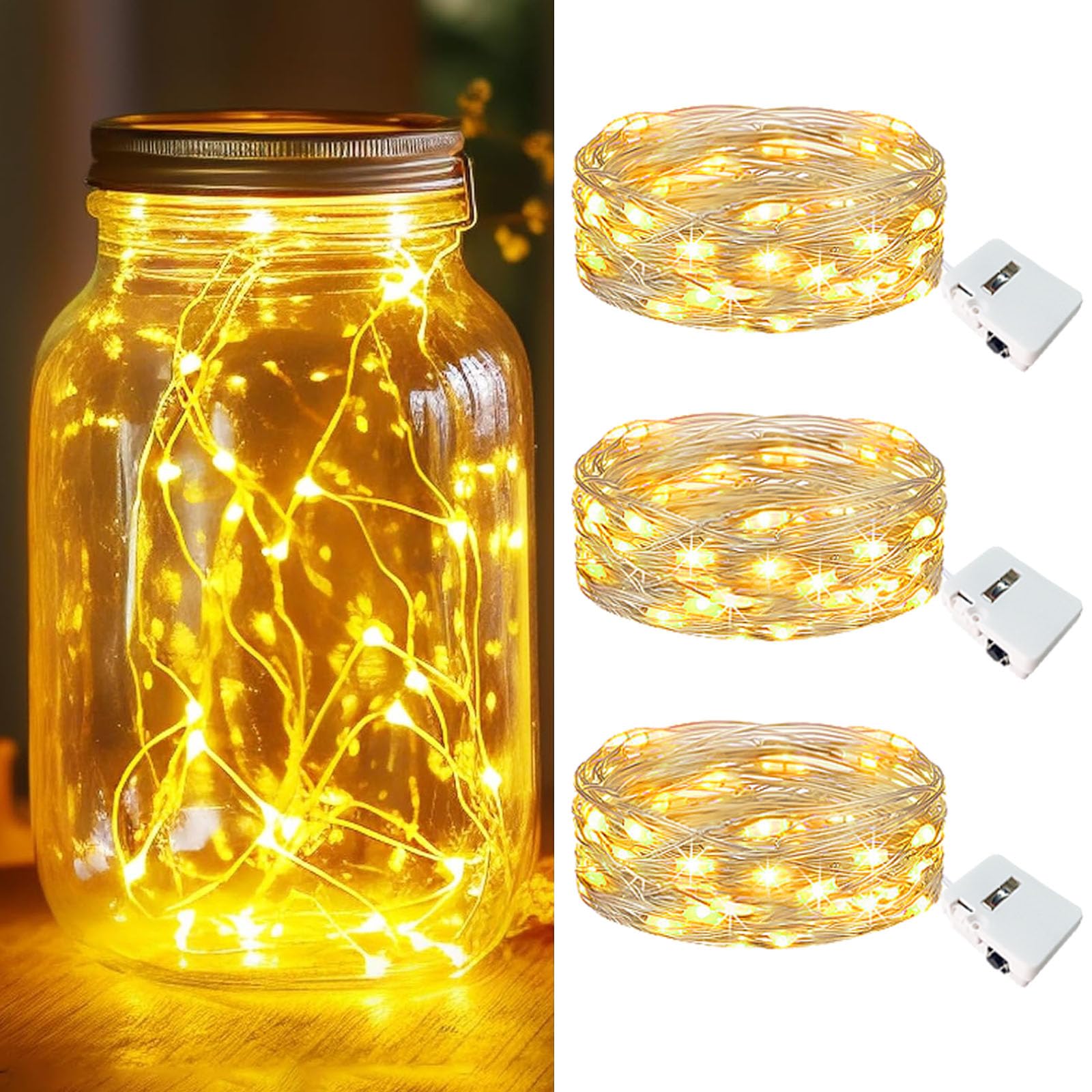 3 Pack LED Fairy Lights Battery Operated, Mini Twinkle String Lights Battery Powered Waterproof for Christmas Mason Jars Party,Warm White