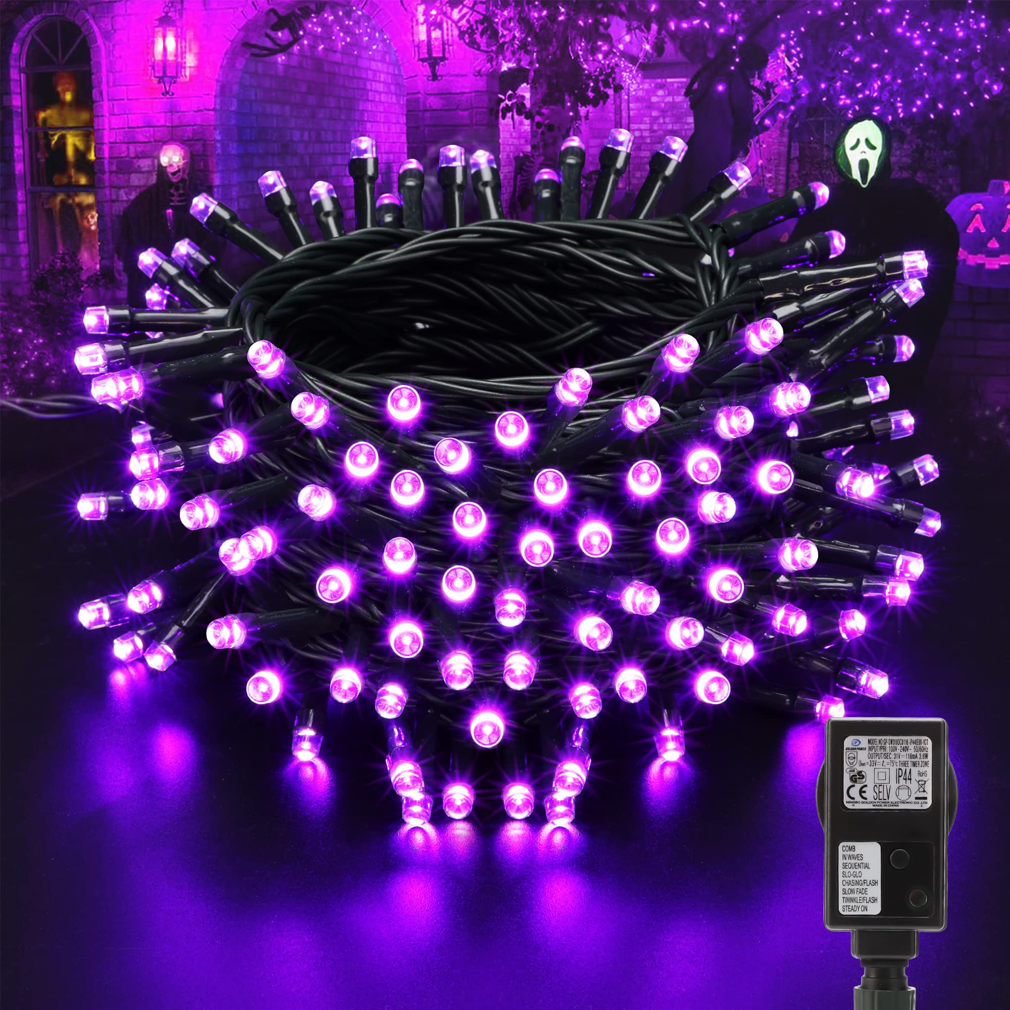 Moxled Halloween Deko Lichterkette, 10M 100 LED Lichterkette Außen Strom Lila, 8 Modi Wasserdicht Halloween Lichterkette für Innen Außen Garten Party Dekoration
