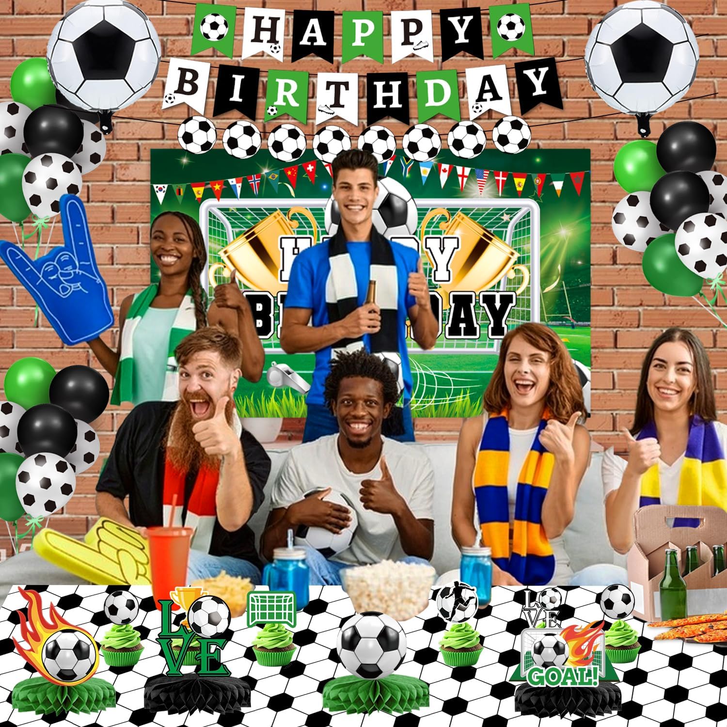 Soccer Birthday Party Decorations Includes Banner, Backdrop, Foil & Latex Balloons, Cake & Cupcake Toppers, Honeycomb Centerpieces for Boy Soccer Themed Party Decorations - Image 4