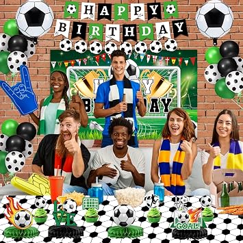 Soccer Birthday Party Decorations Includes Banner, Backdrop, Foil & Latex Balloons, Cake & Cupcake Toppers, Honeycomb Centerpieces for Soccer Themed Party Decorations