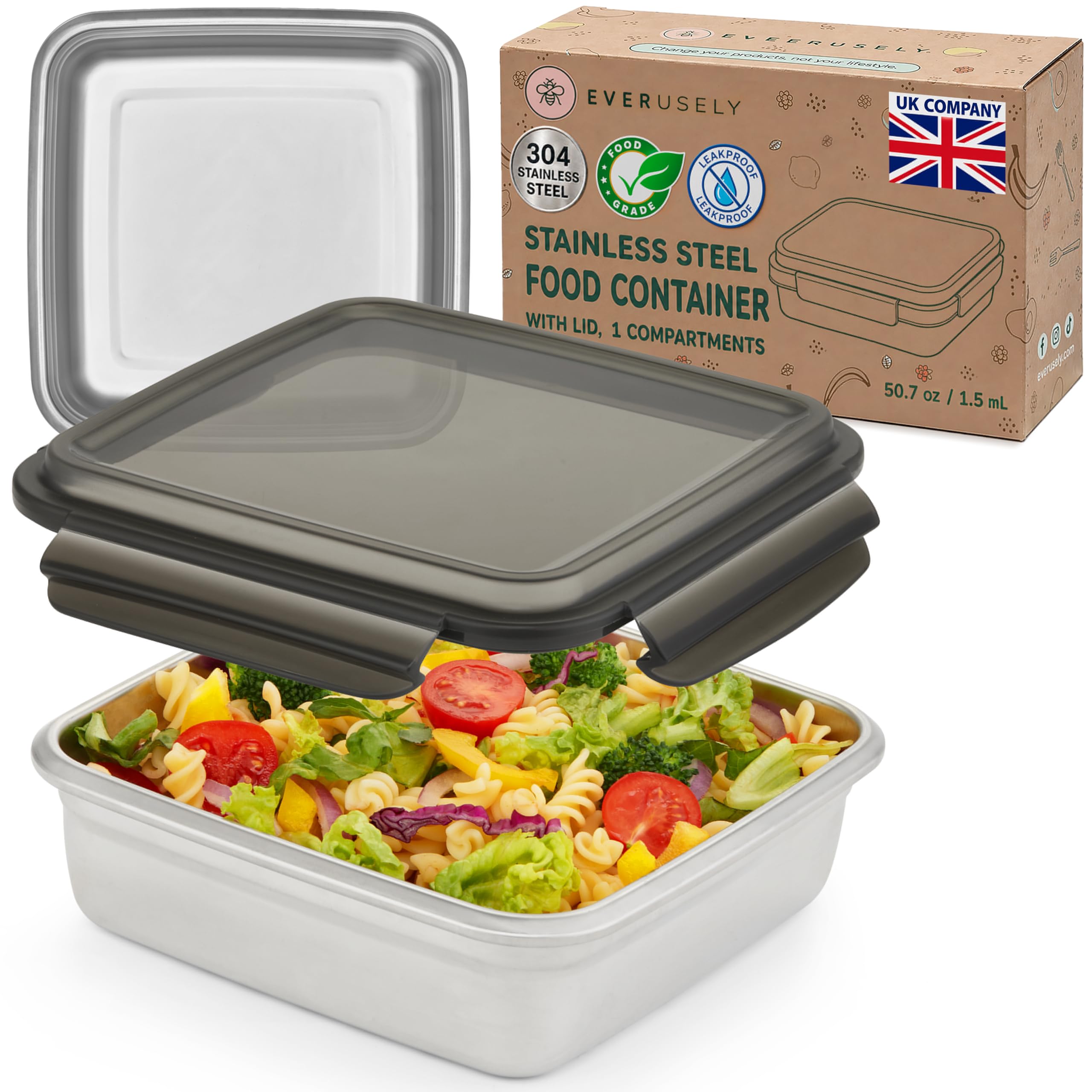Stainless Steel Metal Lunch Box - 1.5 L, Translucent Lid - Food Container