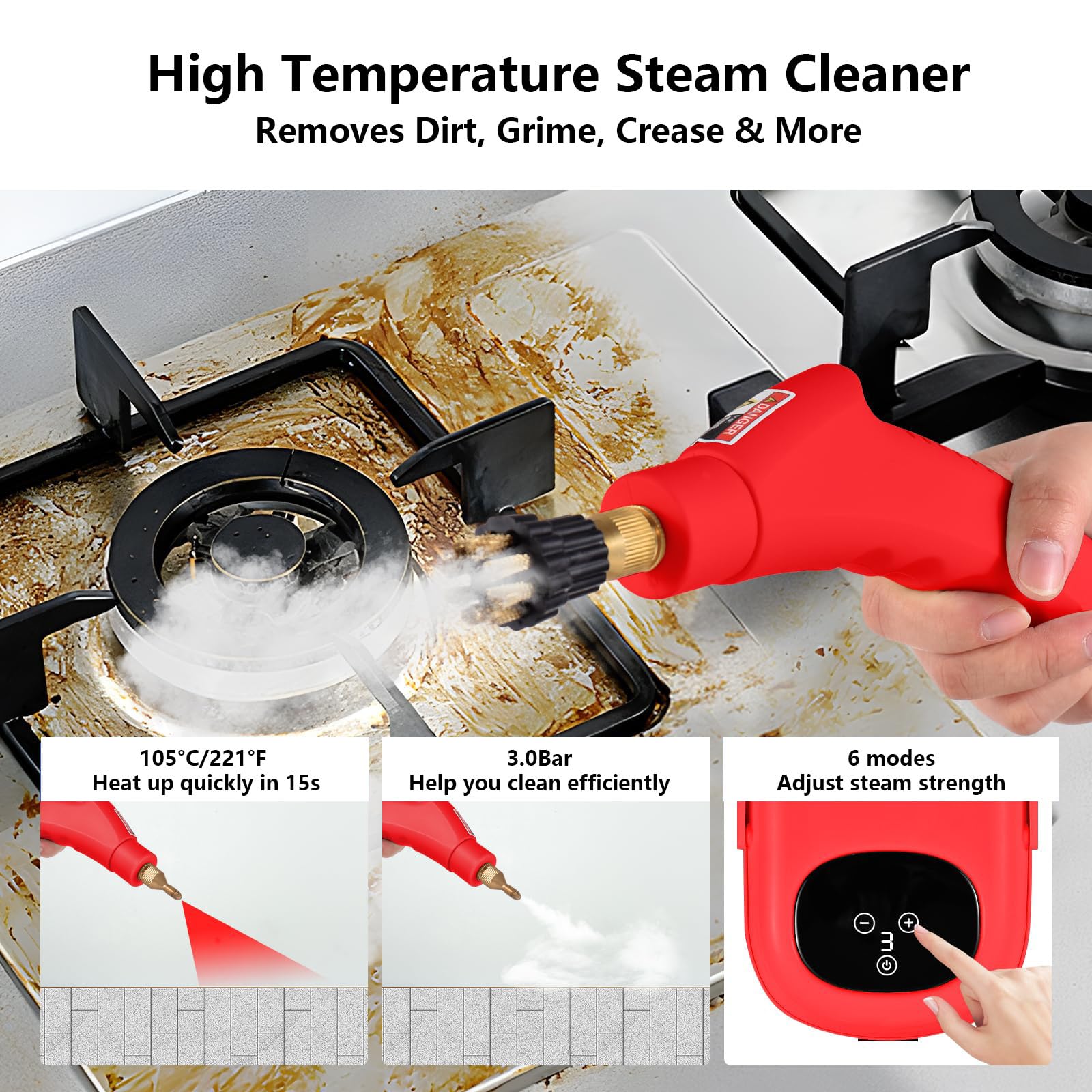 Limpiador a Vapor Portátil De 1 Litro con 3 Cabezales De Cepillo, Irishom, Limpieza a Vapor De Alta Presión Y Alta Temperatura De 2500 W, para Papel Pintado, Suelos, Moquetas Red