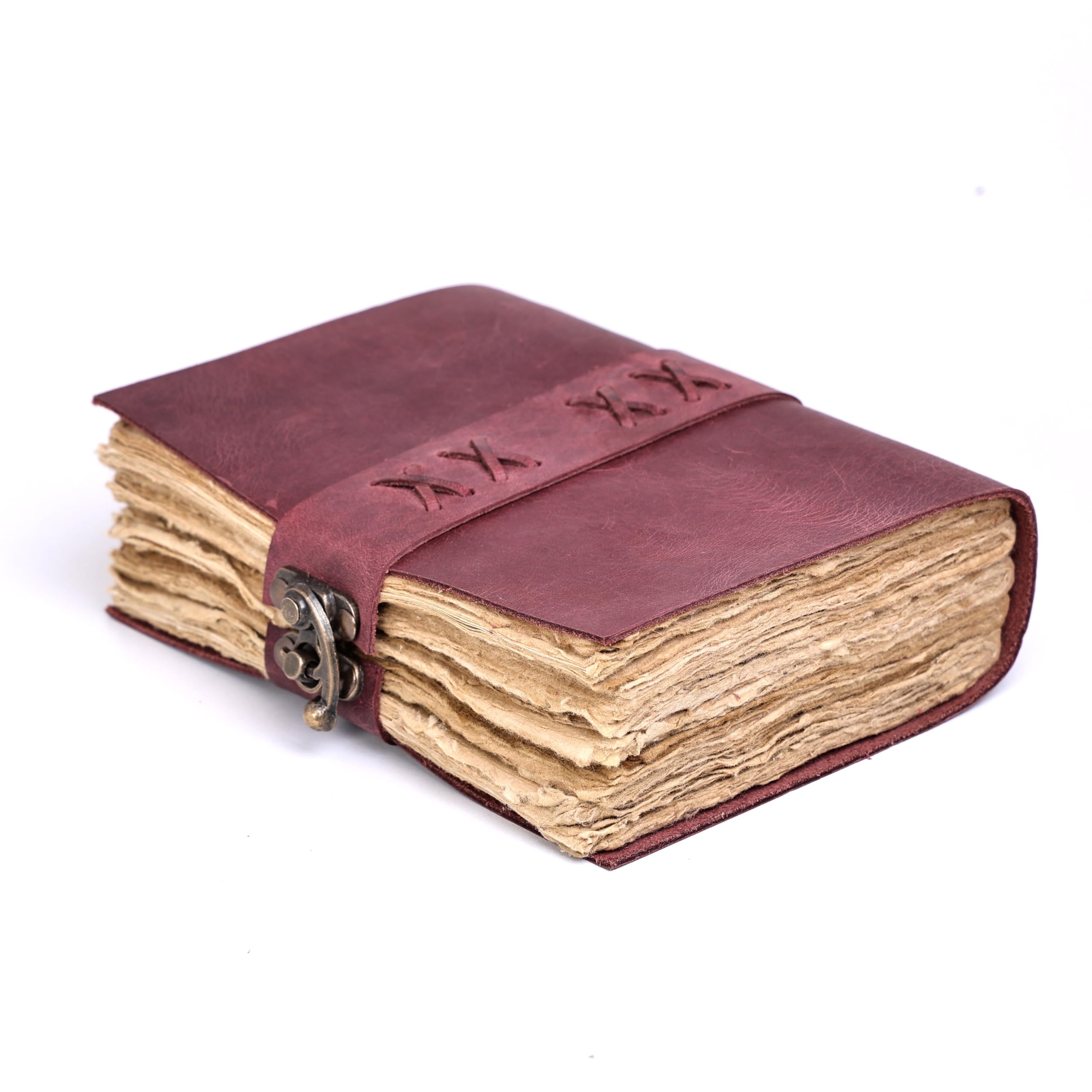 Vintage Leder-Tagebuch mit Schlossverschluss, 200 Seiten, handgefertigtes Papier, antikes Schreibnotizbuch mit Büttenrändern, Burgunderrot, 17,8 x 12,7 cm