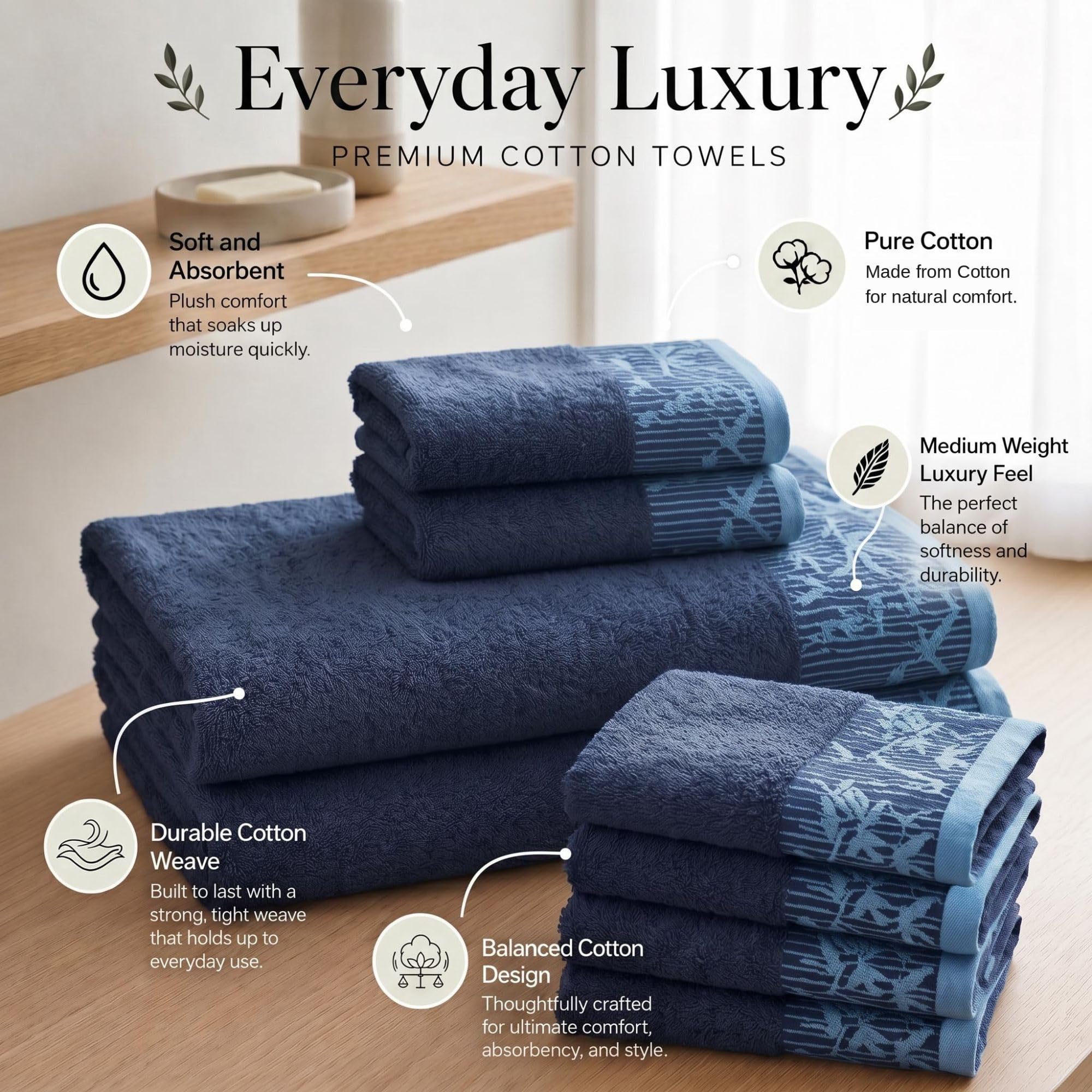 Superior Set di 12 asciugamani in cotone, motivo floreale, bordo in jacquard, asciugatura rapida, decorazione per bagno, spa, doccia, bagno, include 3 corpi, 3 mani, 6 asciugamani per il viso,