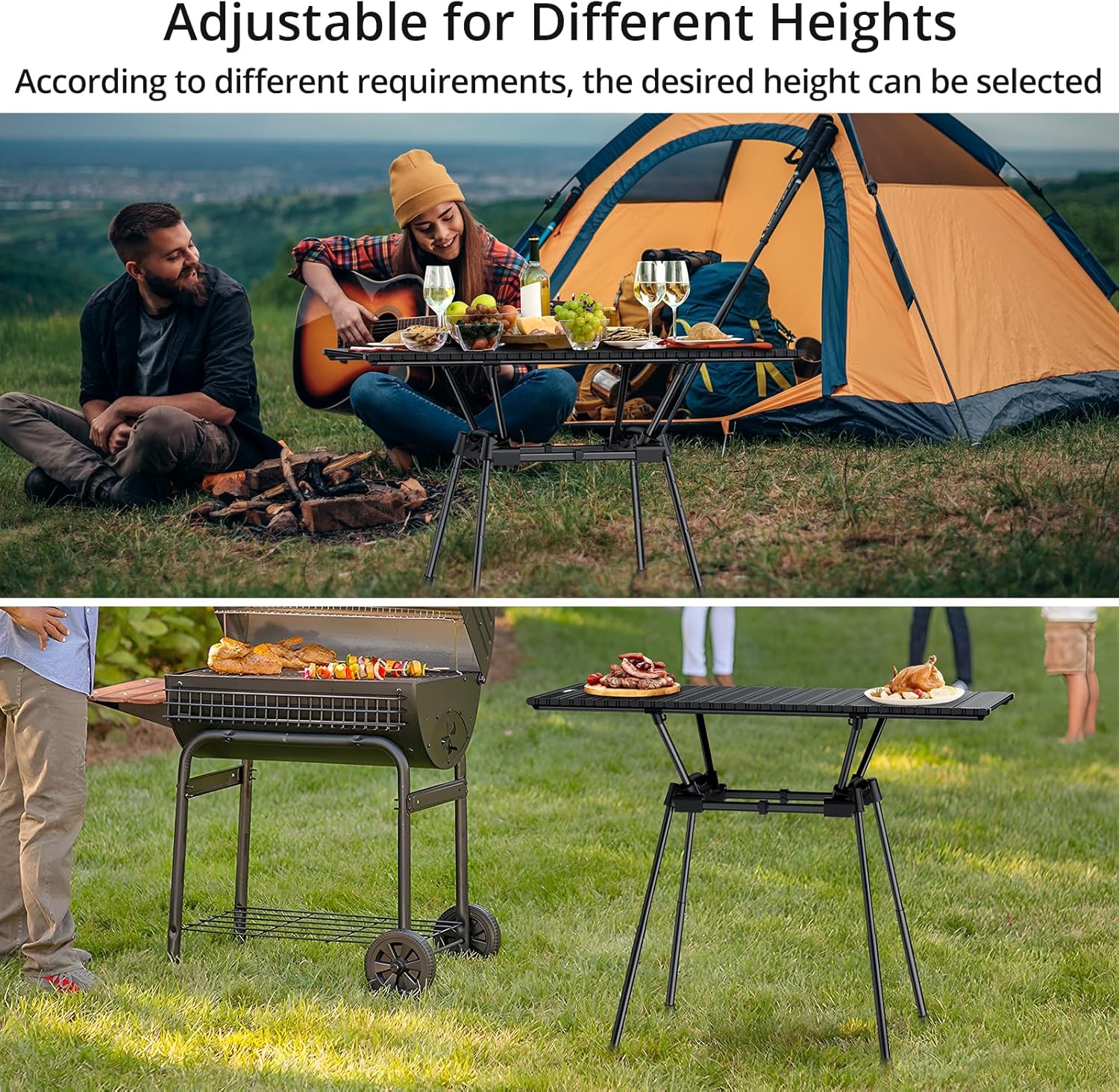 Anbte 3ft Roll Up Camping Table Max 27.5", 4 Adjustable Heights Aluminum Camping Table Foldable Waterproof with Carrying Bag, Lightweight, for Garden Picnic Outdoor Travel Beach, 35” X 16”, Black