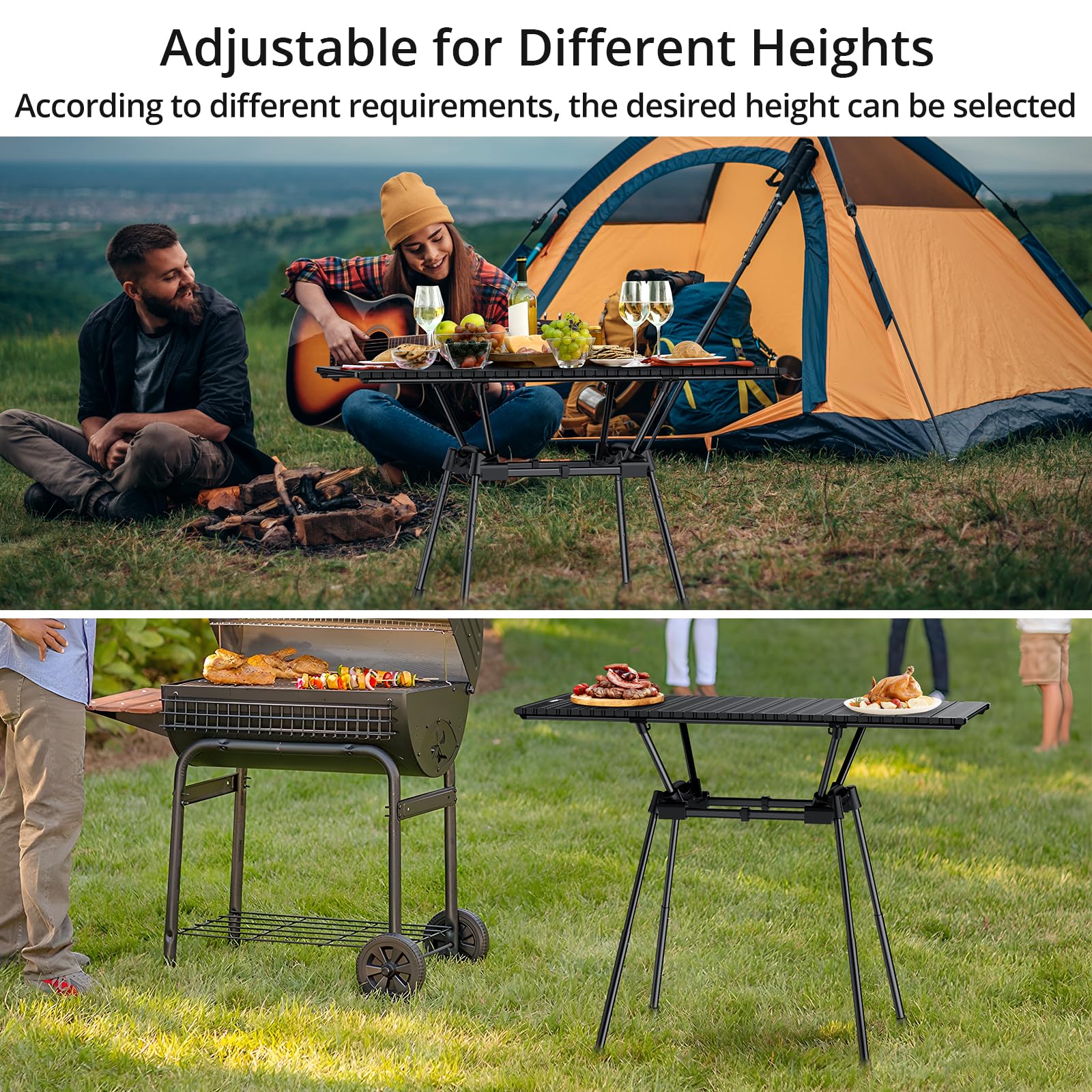 Anbte Table de camping pliante de 0,9 m, 4 hauteurs réglables, table de camping enroulable en aluminium avec sac de transport, portable, imperméable, pour pique-nique, extérieur, voyage, jardin, plage