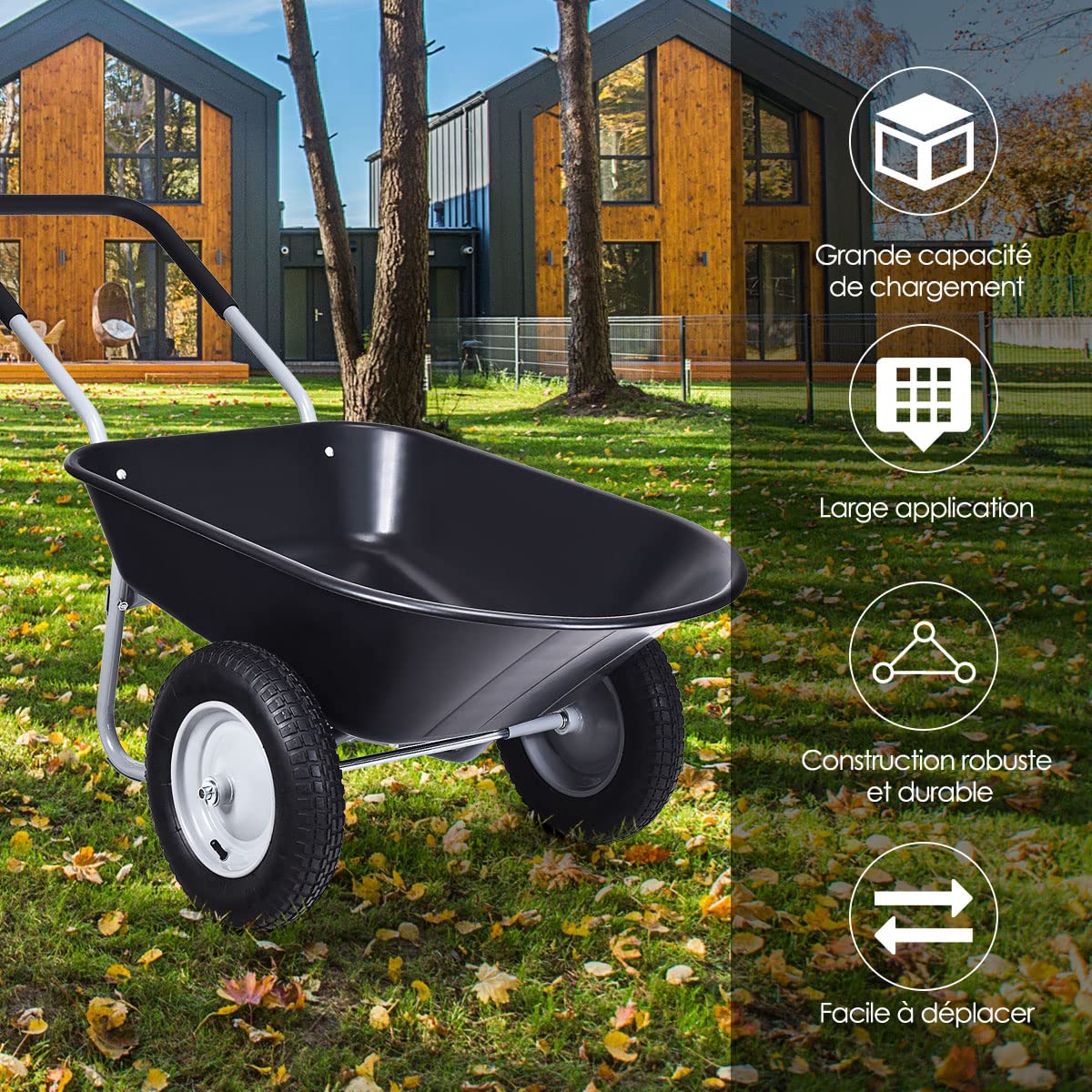 GOPLUS Brouette Jardin à 2 Roues pour Jardinage, Chariot de Jardin 75L Charge 100kg, Chariot de Jardin avec Poignée, Cadre en Fer 140x65x65CM(Noir)